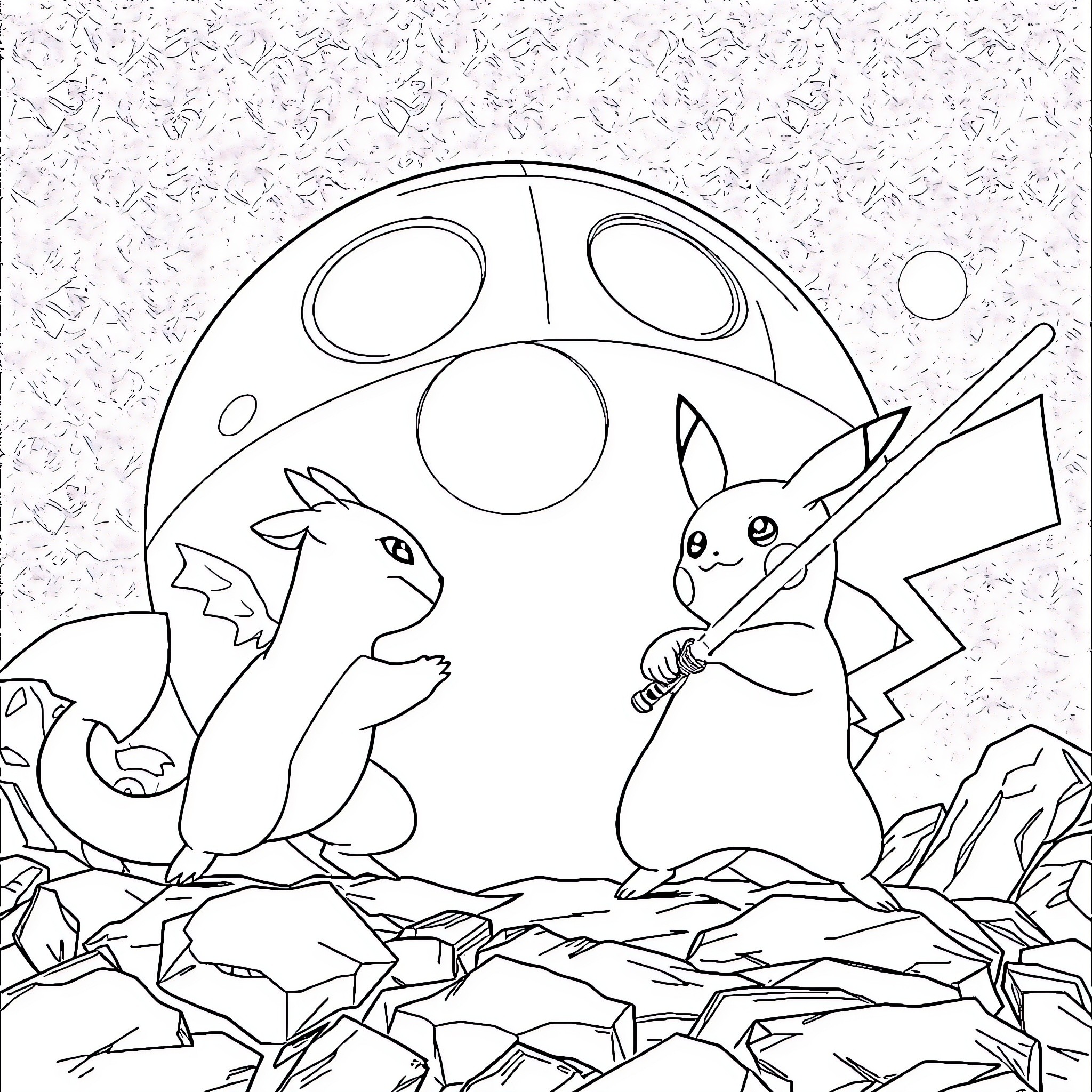 Pikachu playing with dragon-type Pokémon under the moon Coloring Page (free black-and-white line drawing printable PDF for all, from beginners to advanced learners, including children, teens, adults, and seniors)