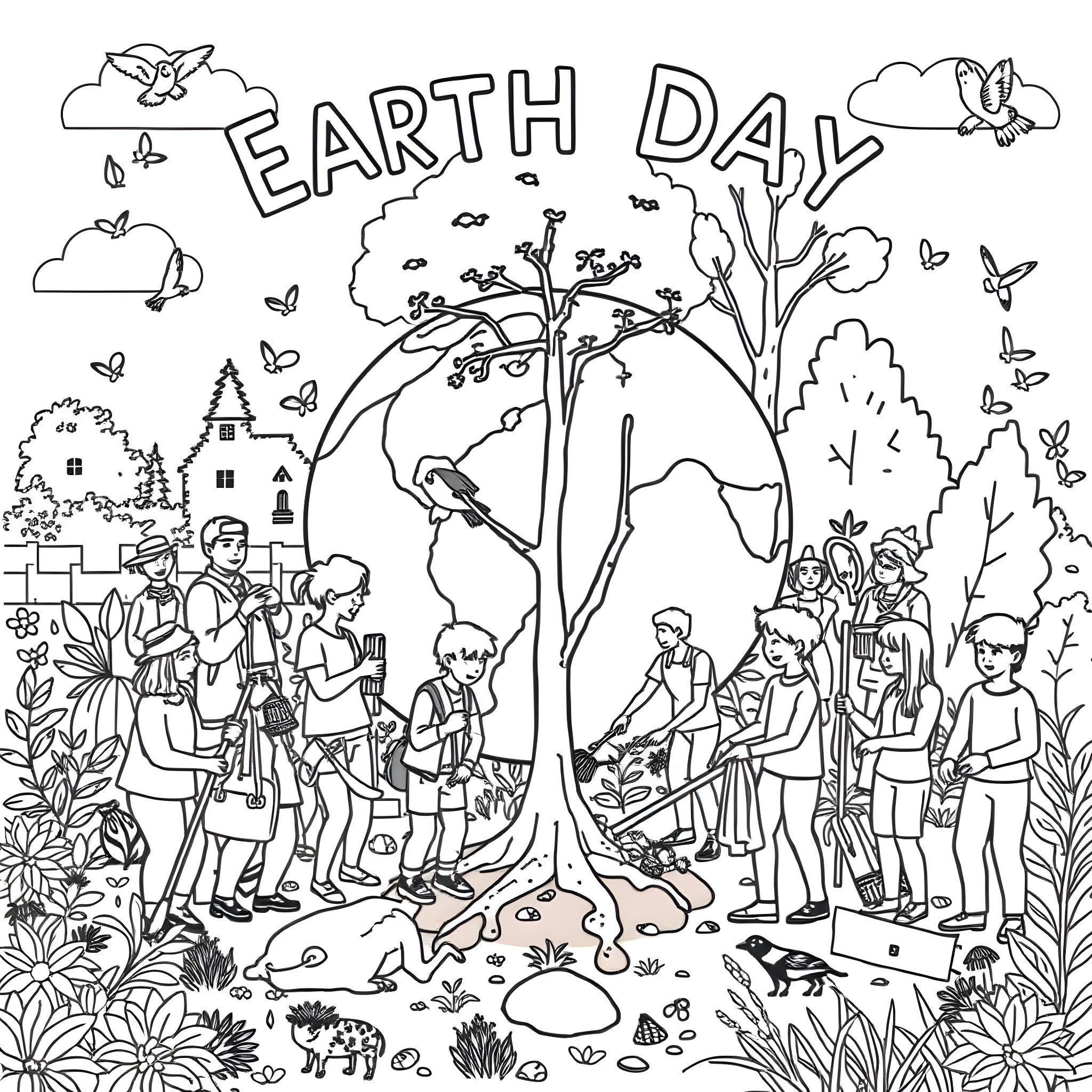 Earth Day celebration with people and nature Coloring Page (free black-and-white line drawing printable PDF for all, from beginners to advanced learners, including children, teens, adults, and seniors)