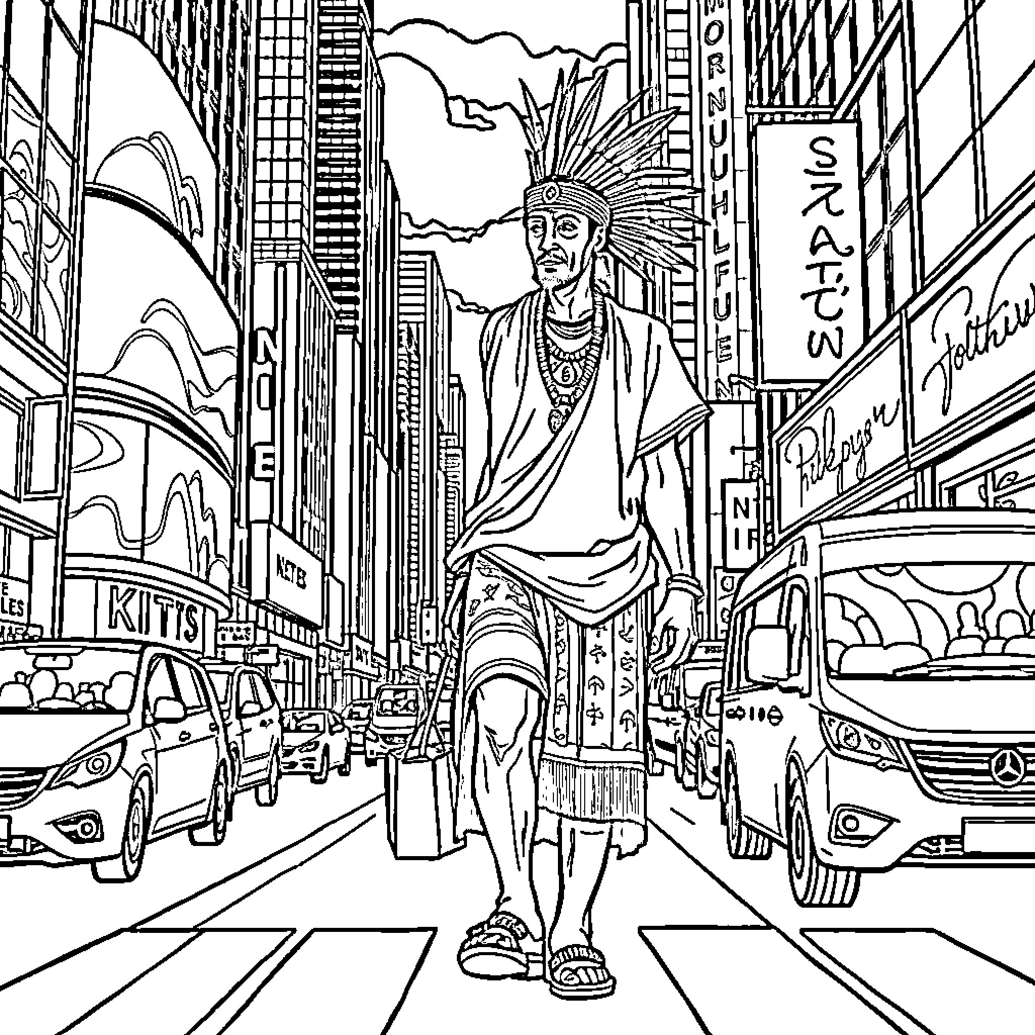 Aboriginal Man Stands Tall in Bustling City Scene Coloring Page (free black-and-white line drawing printable PDF for all, from beginners to advanced learners, including children, teens, adults, and seniors)