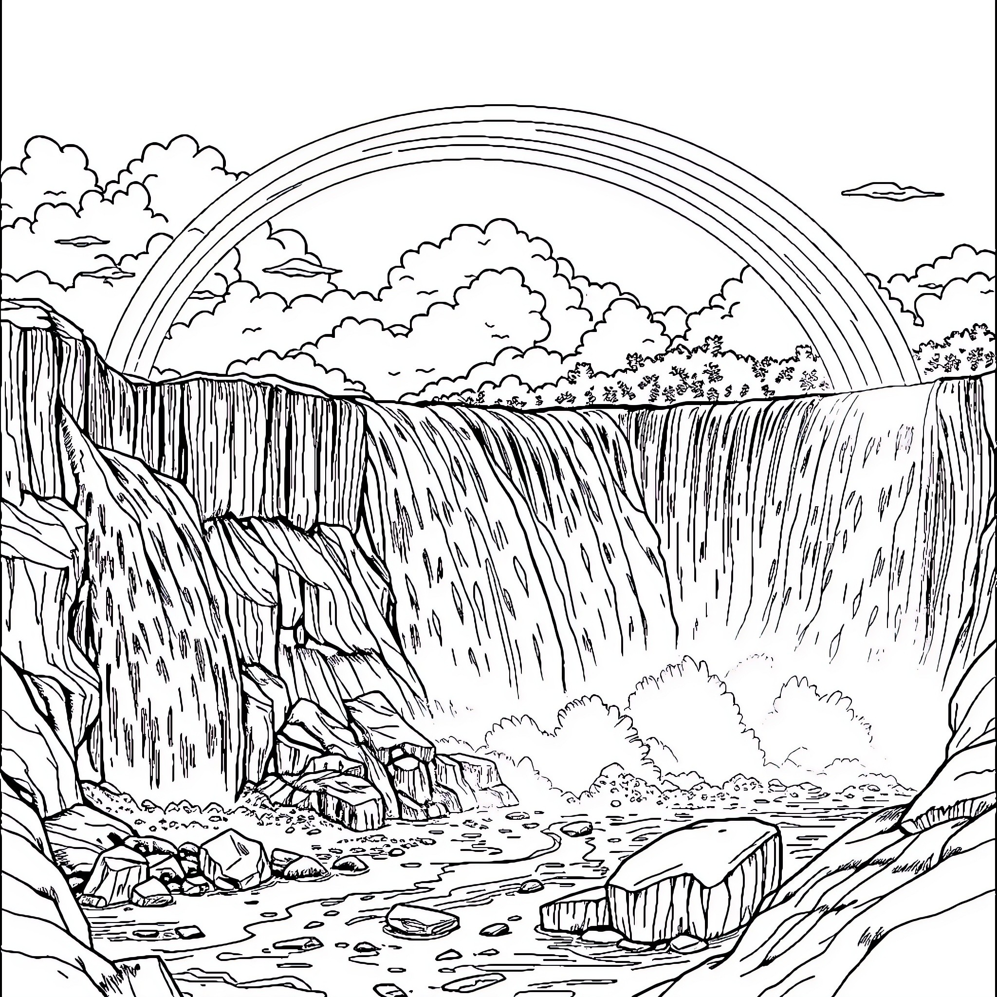 Niagara Falls waterfall and landscape scene Coloring Page (free black-and-white line drawing printable PDF for all, from beginners to advanced learners, including children, teens, adults, and seniors)