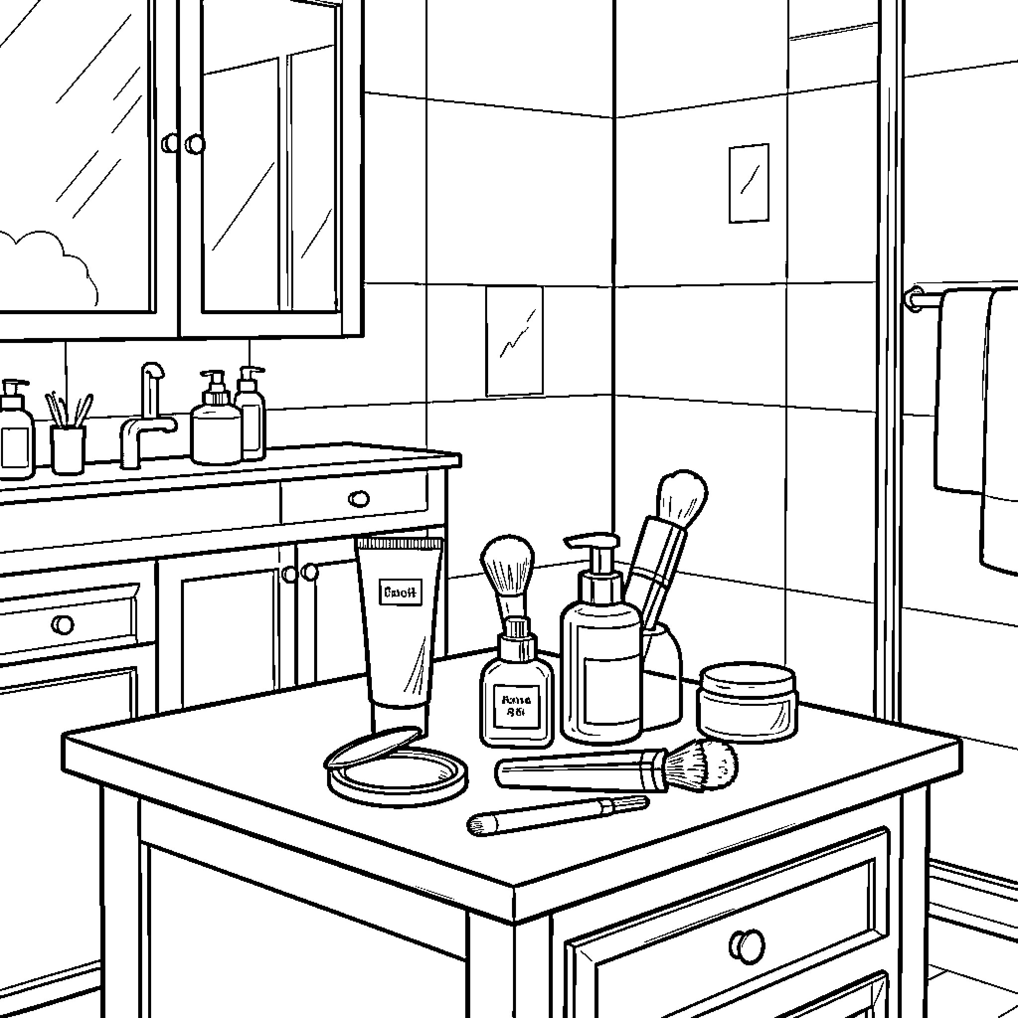 Beauty Product arrangement on a bathroom vanity Coloring Page (free black-and-white line drawing printable PDF for all, from beginners to advanced learners, including children, teens, adults, and seniors)