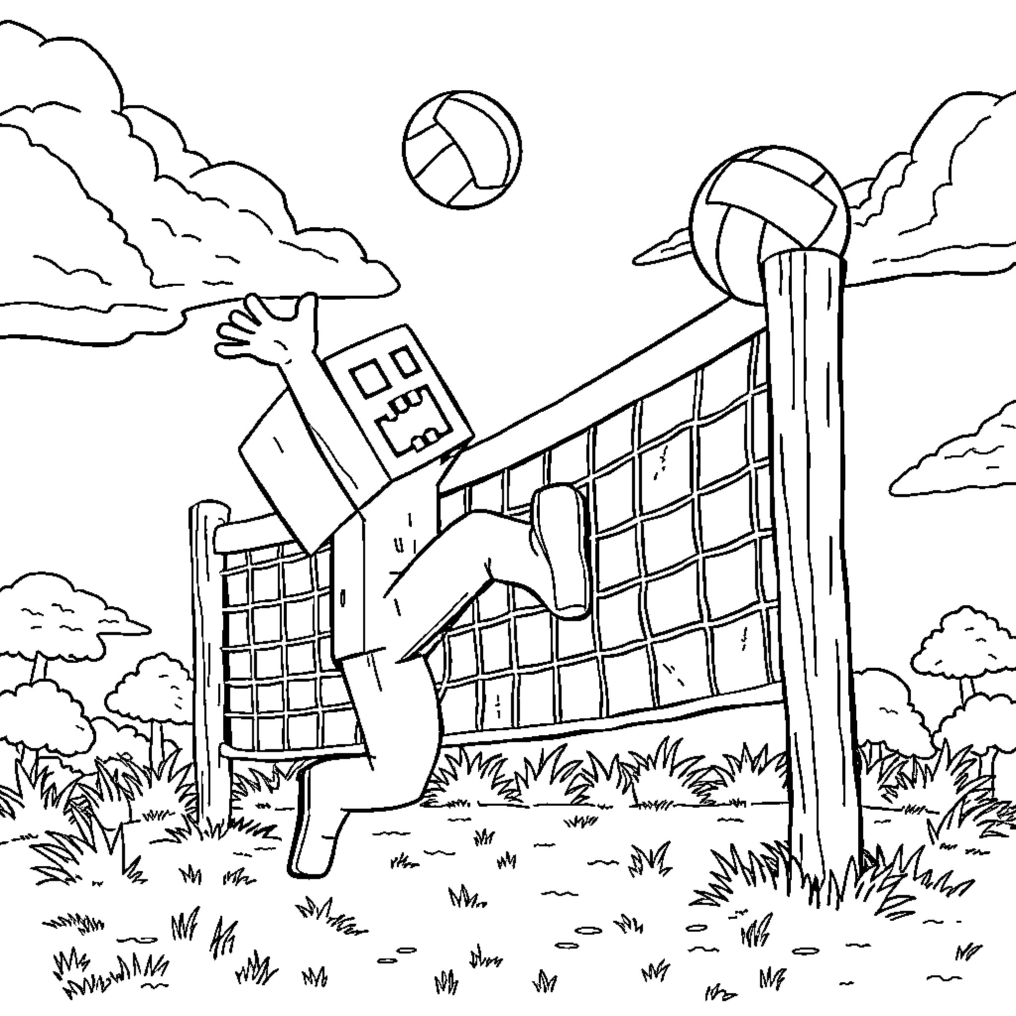 Creeper diving over volleyball net in nature Coloring Page (free black-and-white line drawing printable PDF for all, from beginners to advanced learners, including children, teens, adults, and seniors)