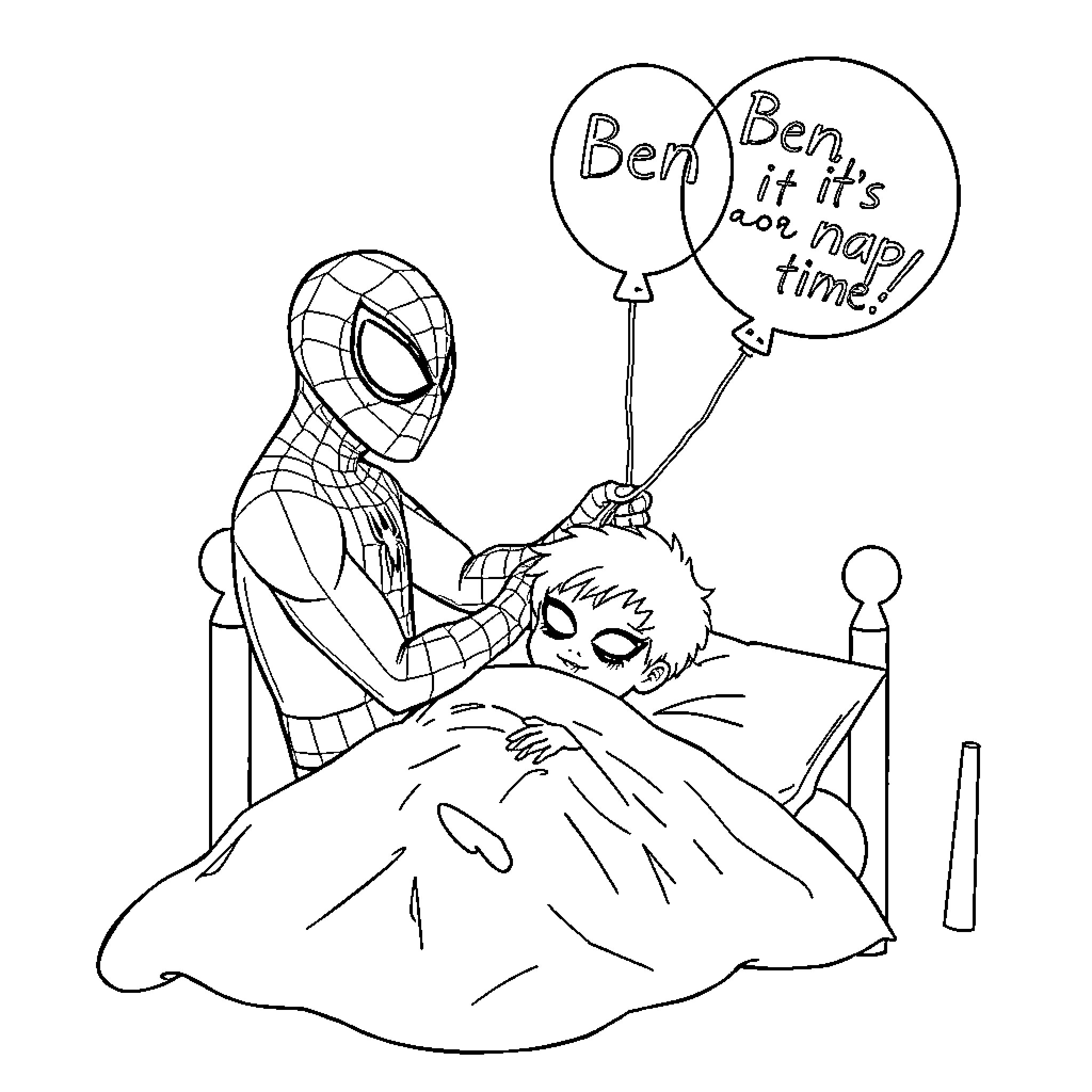 Spiderman comforting a sick person in bed Coloring Page (free black-and-white line drawing printable PDF for all, from beginners to advanced learners, including children, teens, adults, and seniors)