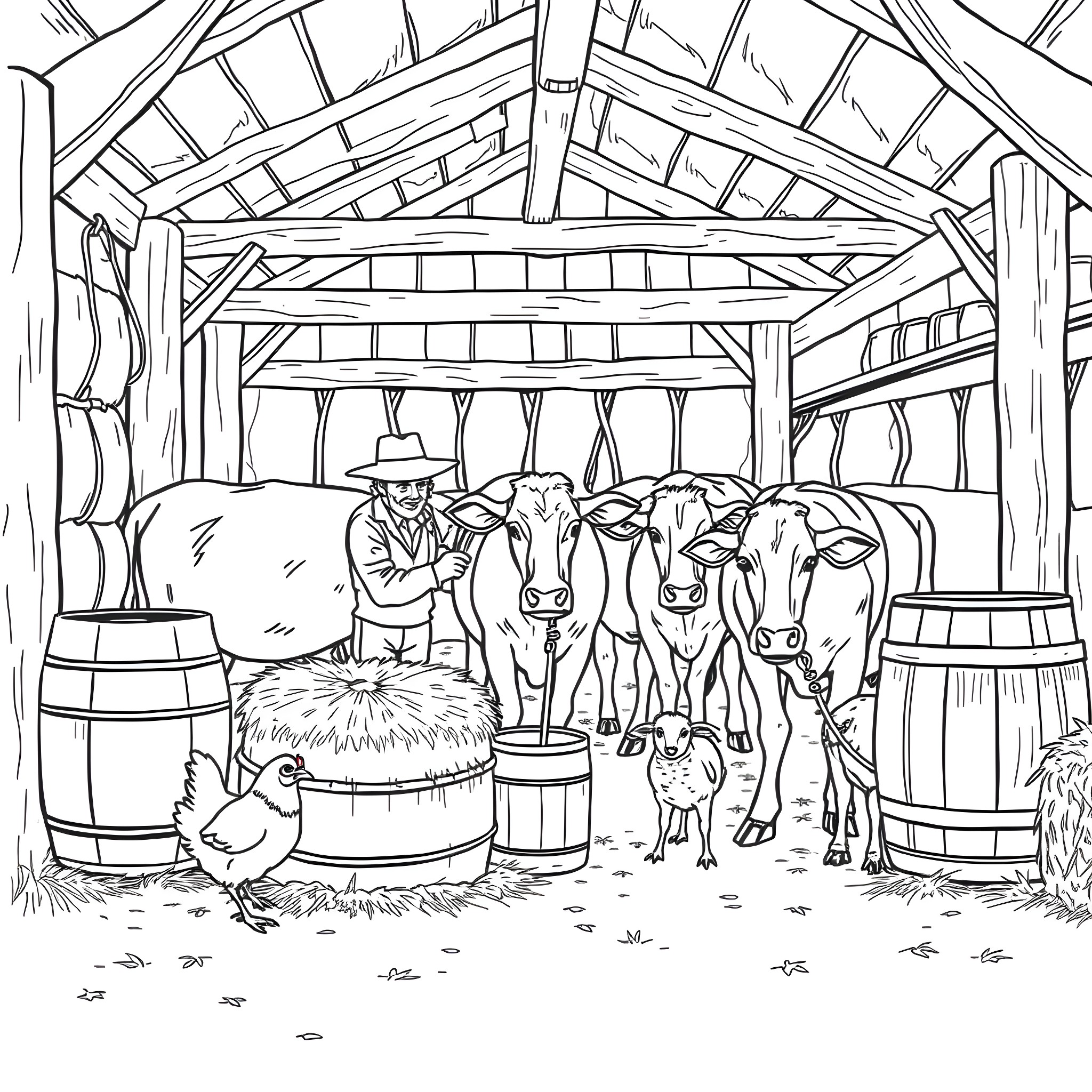 Cow farm activities in an old barn Coloring Page (free black-and-white line drawing printable PDF for all, from beginners to advanced learners, including children, teens, adults, and seniors)