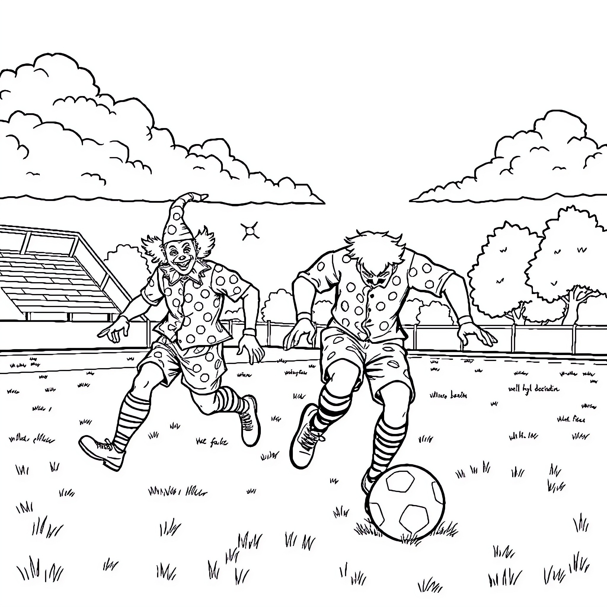 Clowns playing soccer in the park Coloring Page (free black-and-white line drawing printable PDF for all, from beginners to advanced learners, including children, teens, adults, and seniors)