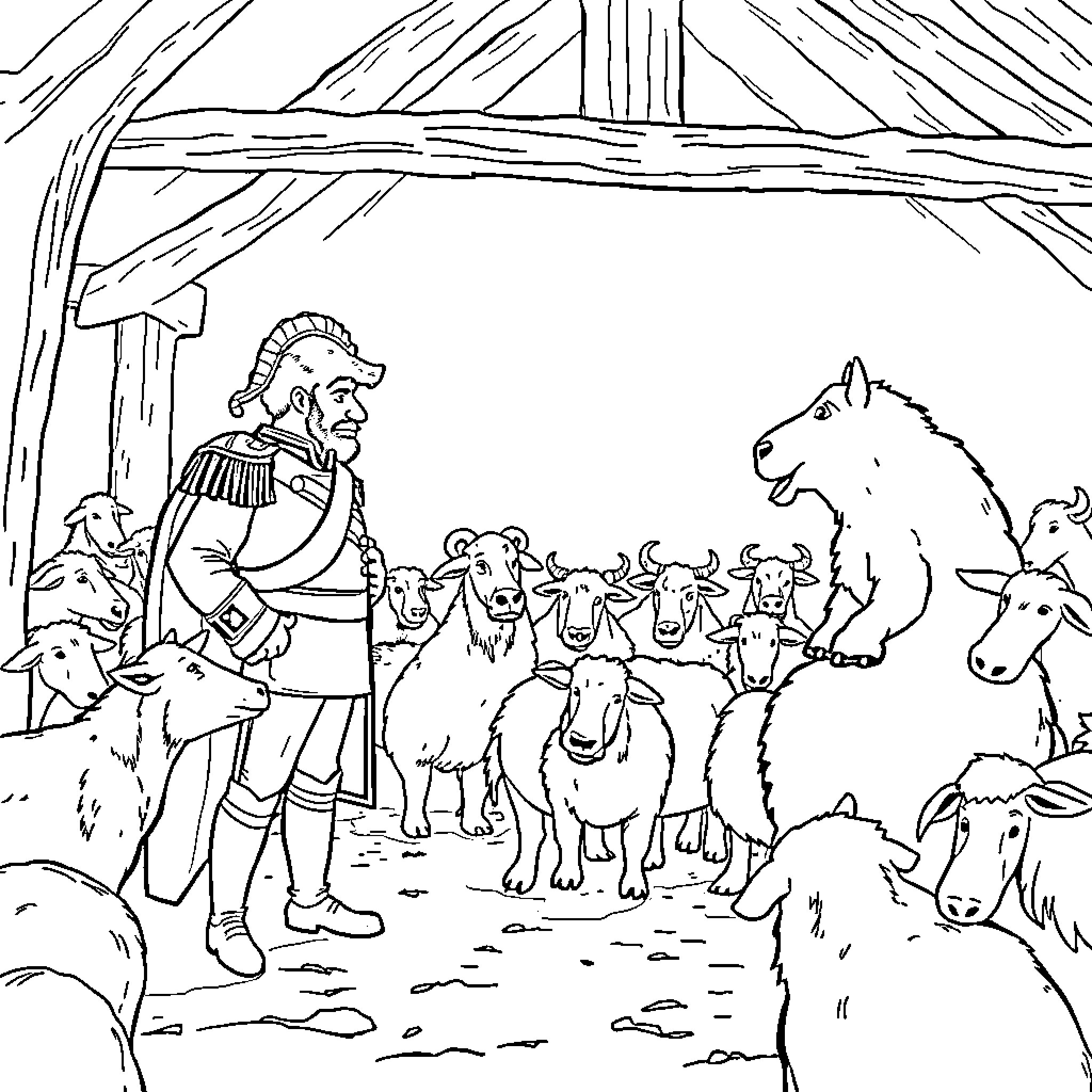 Napoleon Surveying His Army of Animals Coloring Page (free black-and-white line drawing printable PDF for all, from beginners to advanced learners, including children, teens, adults, and seniors)