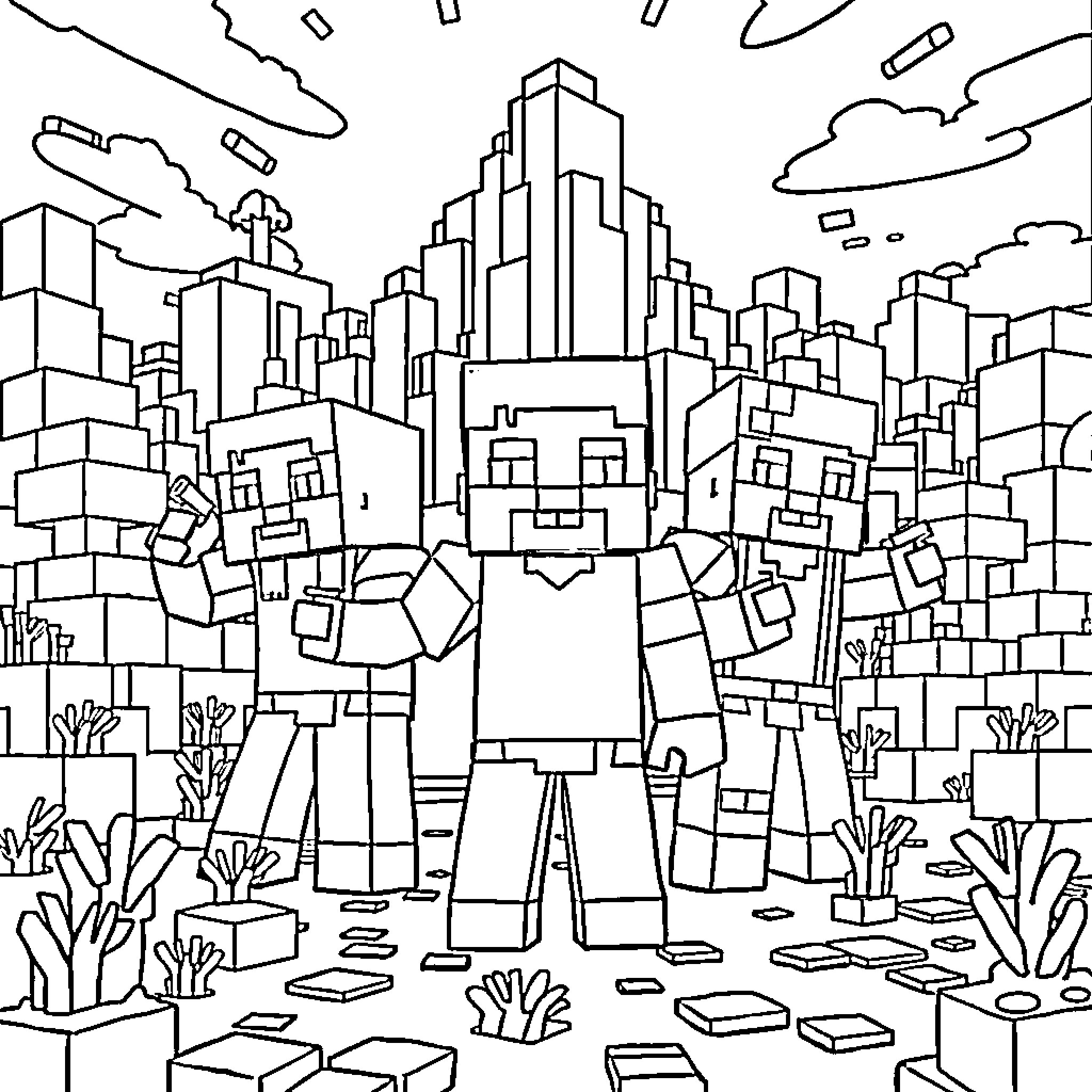 Minecraft city with towering skyscrapers and characters Coloring Page (free black-and-white line drawing printable PDF for all, from beginners to advanced learners, including children, teens, adults, and seniors)
