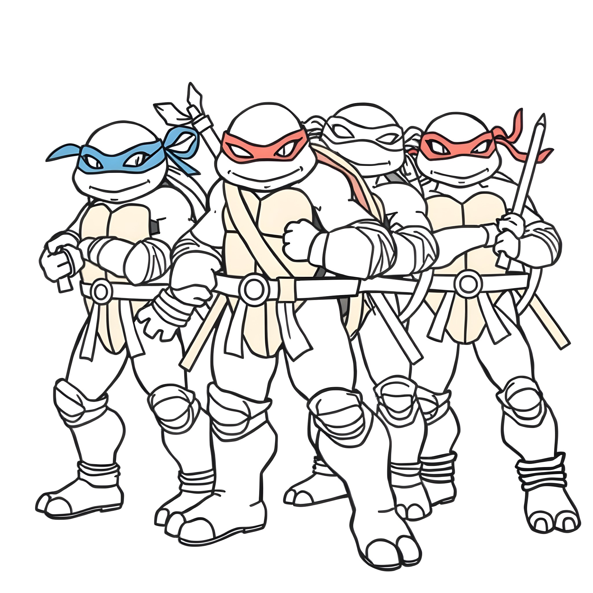 Ninja Turtle heroes in action poses Coloring Page (free black-and-white line drawing printable PDF for all, from beginners to advanced learners, including children, teens, adults, and seniors)