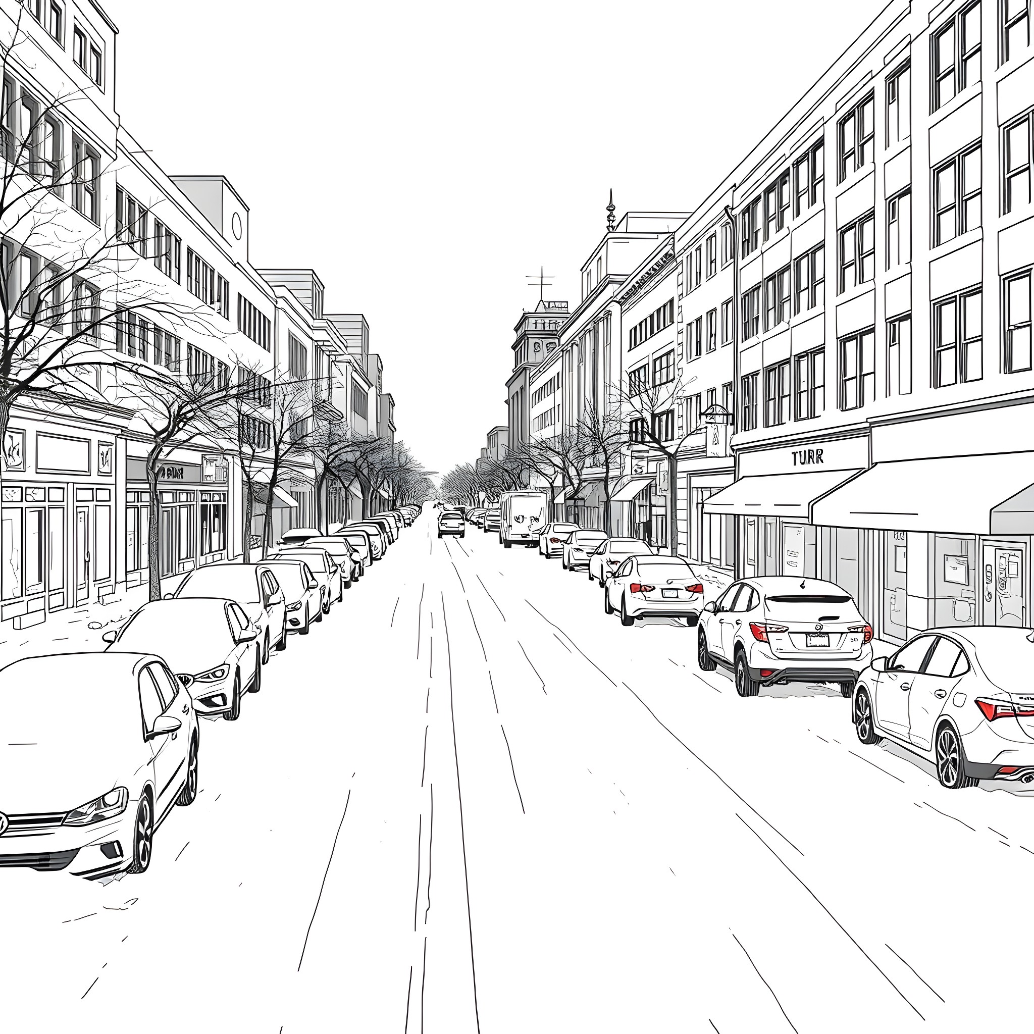 Snow-covered city street with parked vehicles Coloring Page (free black-and-white line drawing printable PDF for all, from beginners to advanced learners, including children, teens, adults, and seniors)