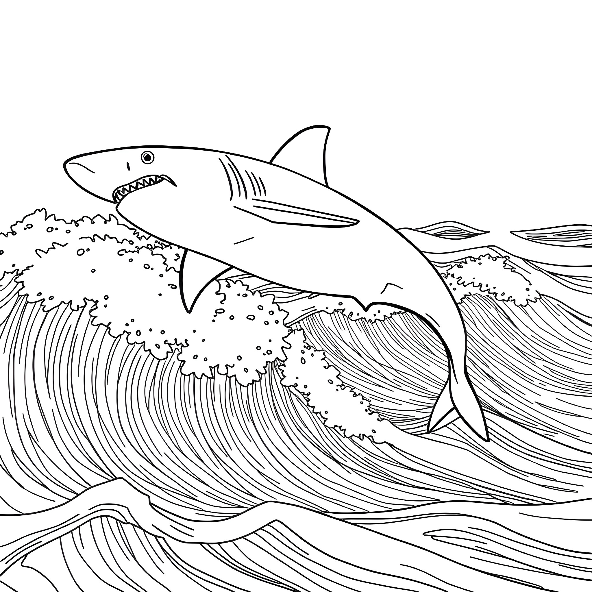 Shark riding the waves Coloring Page (free black-and-white line drawing printable PDF for all, from beginners to advanced learners, including children, teens, adults, and seniors)