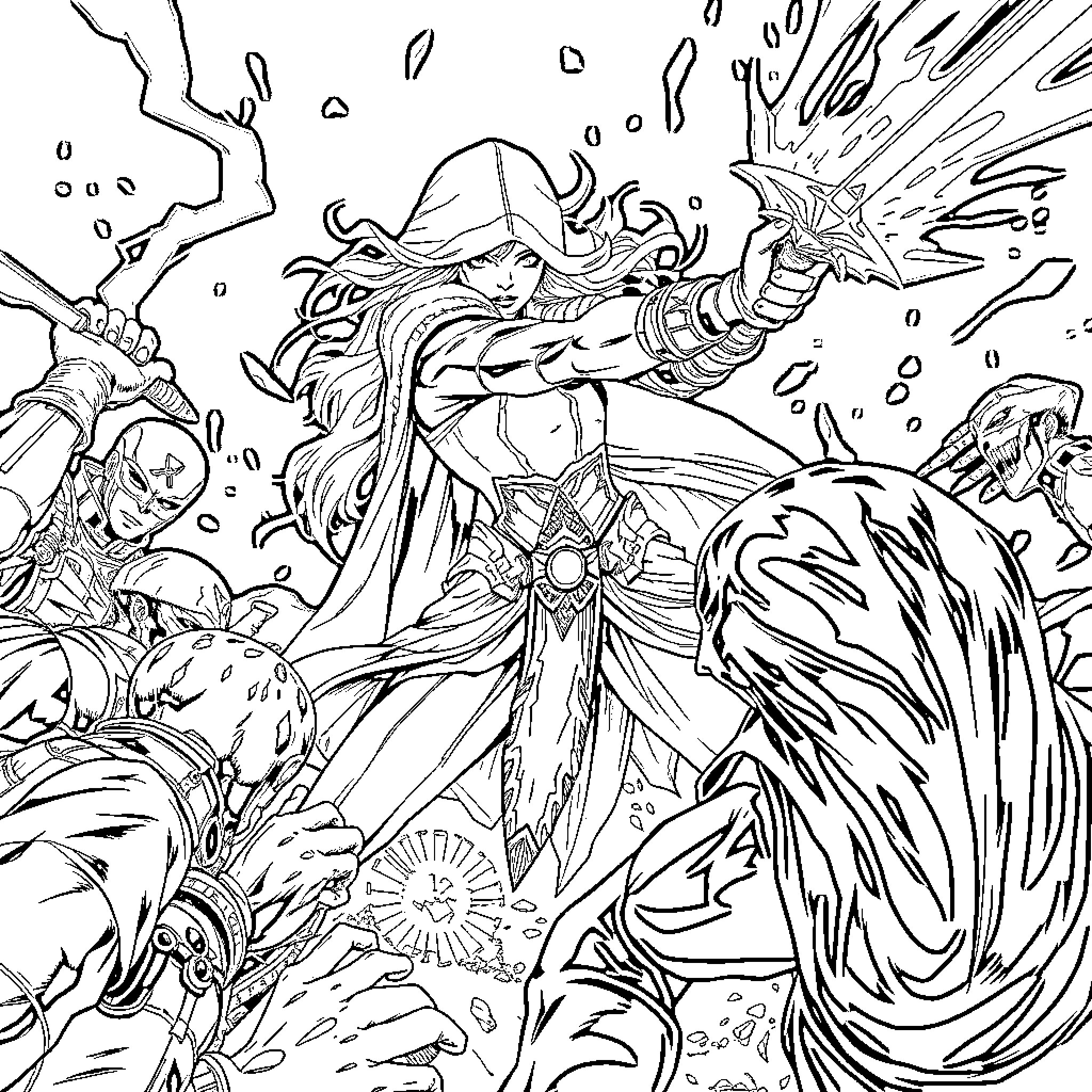 Esdeath's Icy Fury in Battle Coloring Page (free black-and-white line drawing printable PDF for all, from beginners to advanced learners, including children, teens, adults, and seniors)