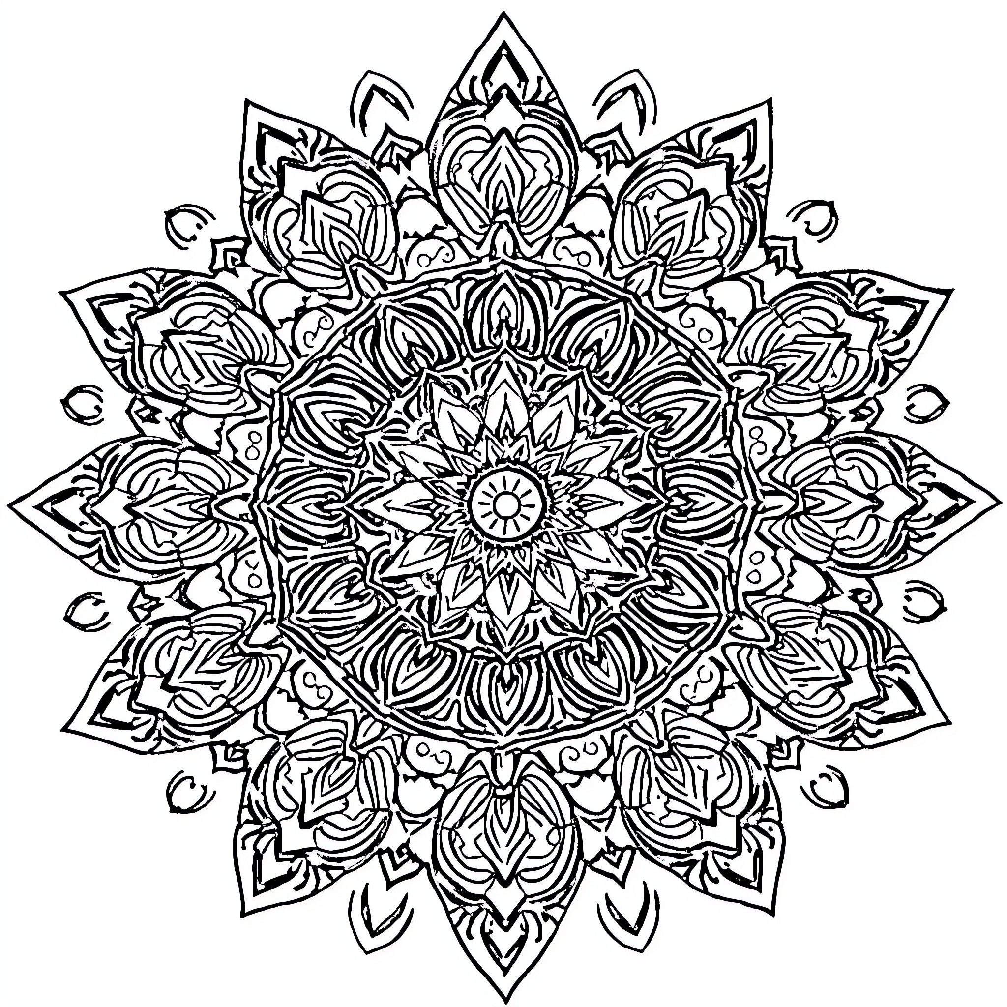 Mandala of intricate floral patterns and symmetry Coloring Page (free black-and-white line drawing printable PDF for all, from beginners to advanced learners, including children, teens, adults, and seniors)