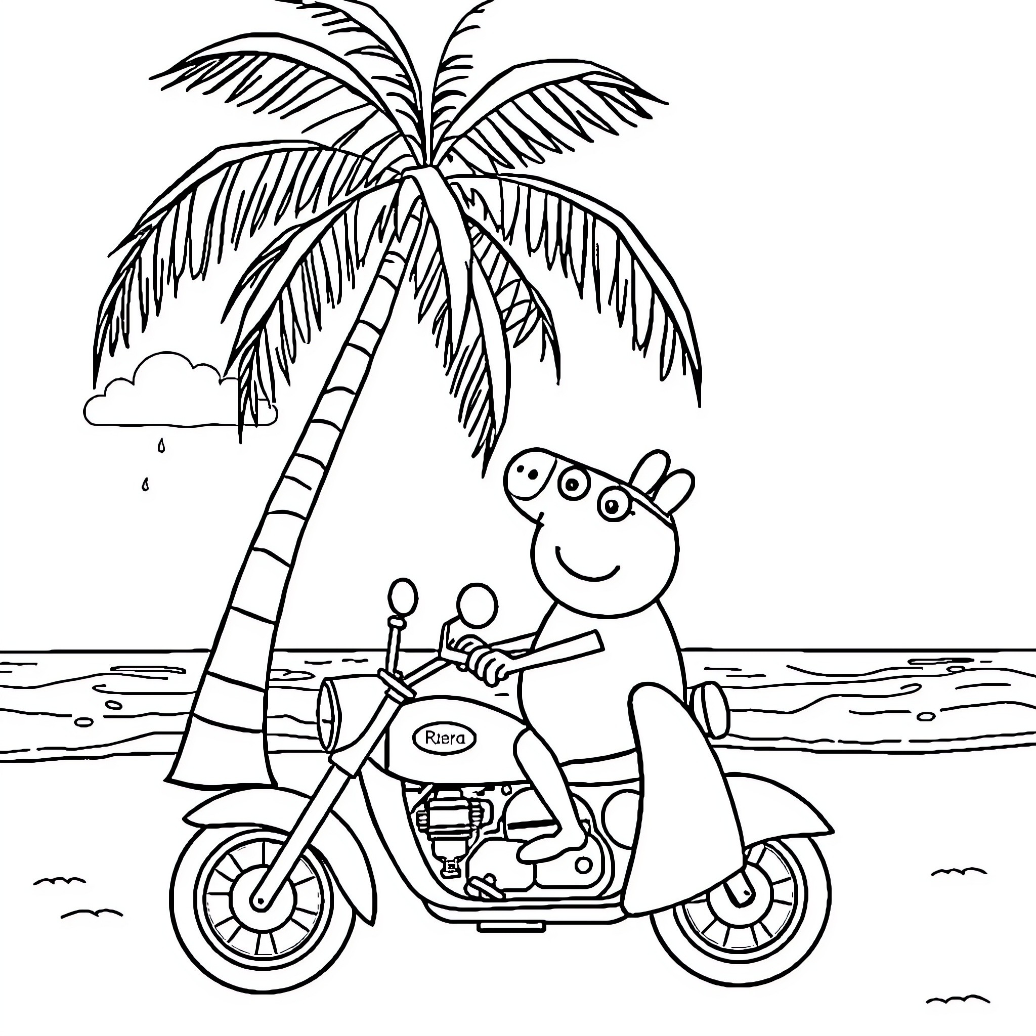 Peppa Pig riding scooter on tropical beach Coloring Page (free black-and-white line drawing printable PDF for all, from beginners to advanced learners, including children, teens, adults, and seniors)