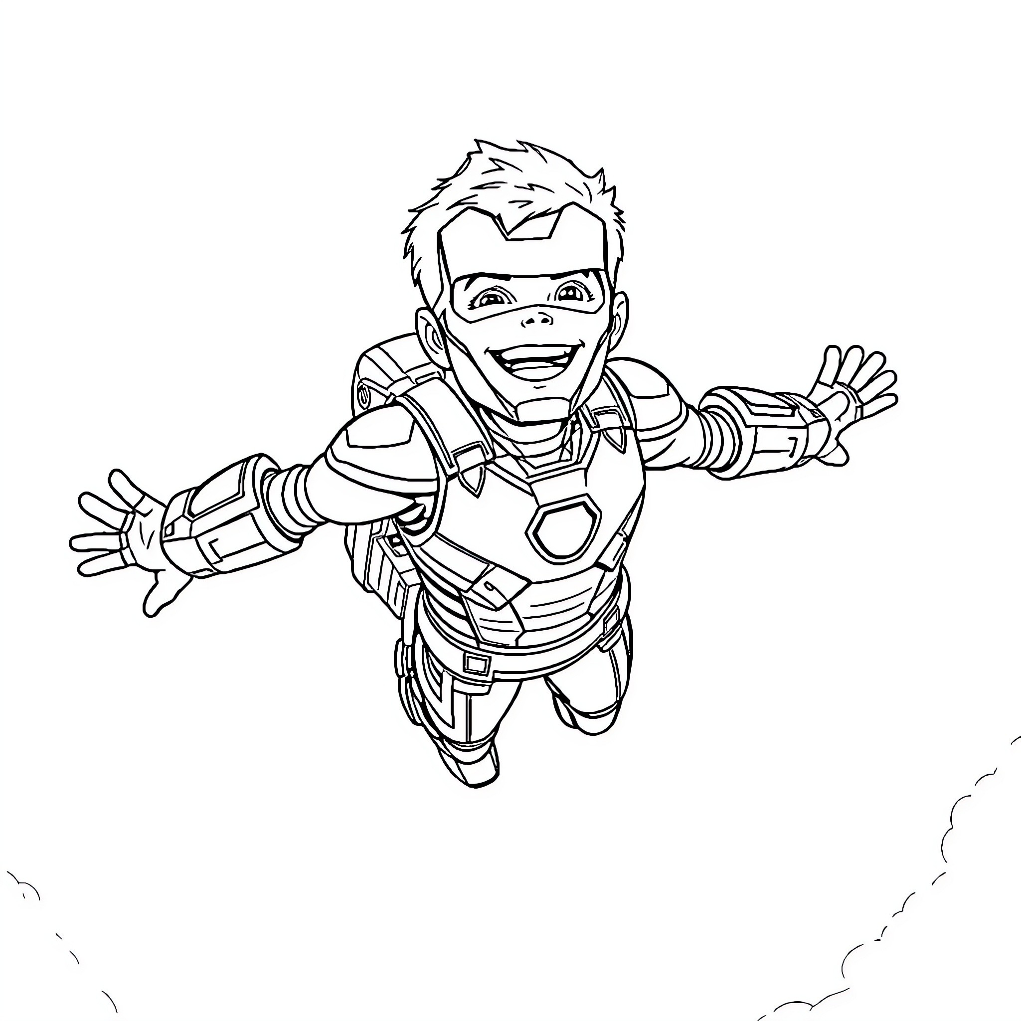 Iron Man in Heroic Pose Coloring Page (free black-and-white line drawing printable PDF for all, from beginners to advanced learners, including children, teens, adults, and seniors)