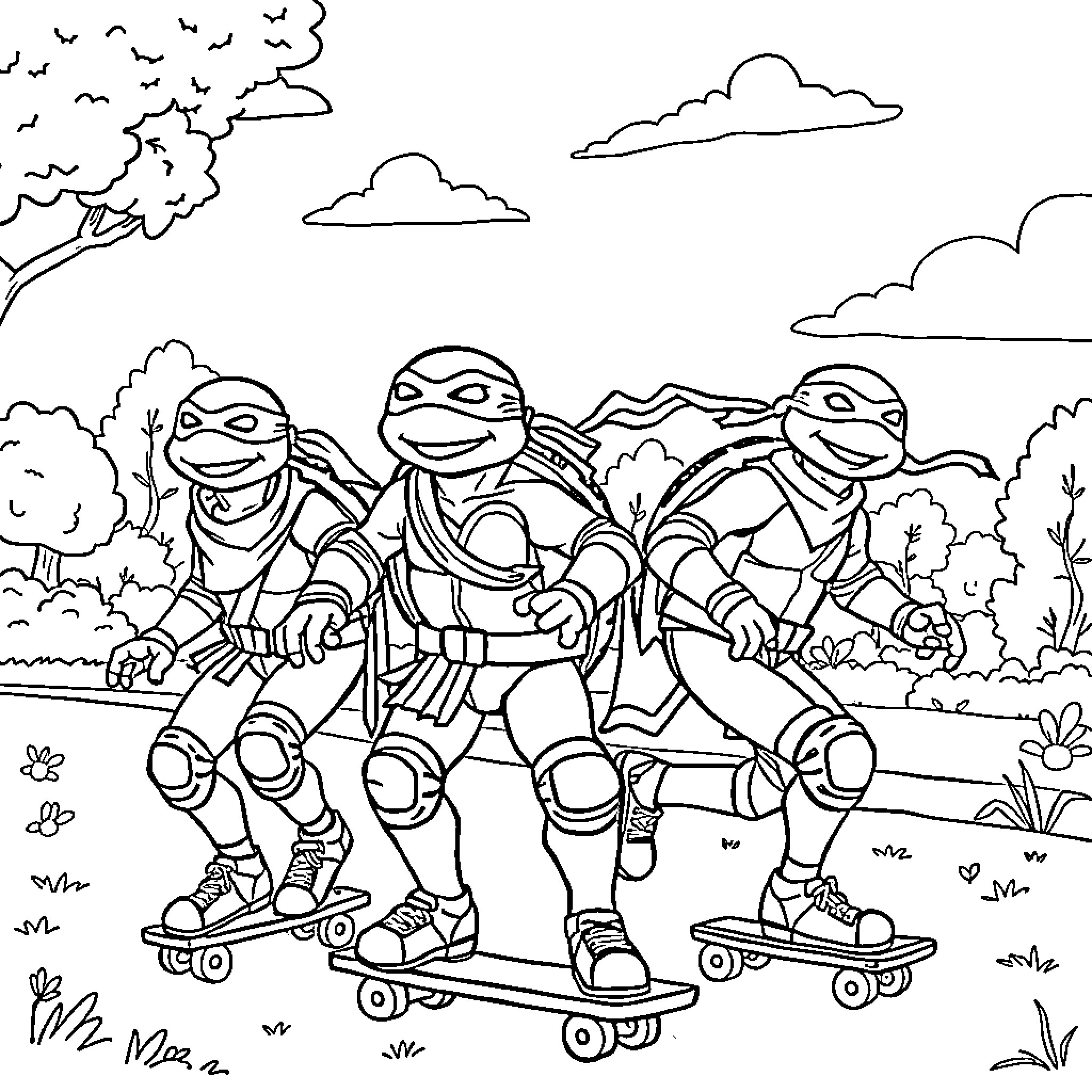 Ninja Turtle skateboarders enjoying outdoor adventure Coloring Page (free black-and-white line drawing printable PDF for all, from beginners to advanced learners, including children, teens, adults, and seniors)