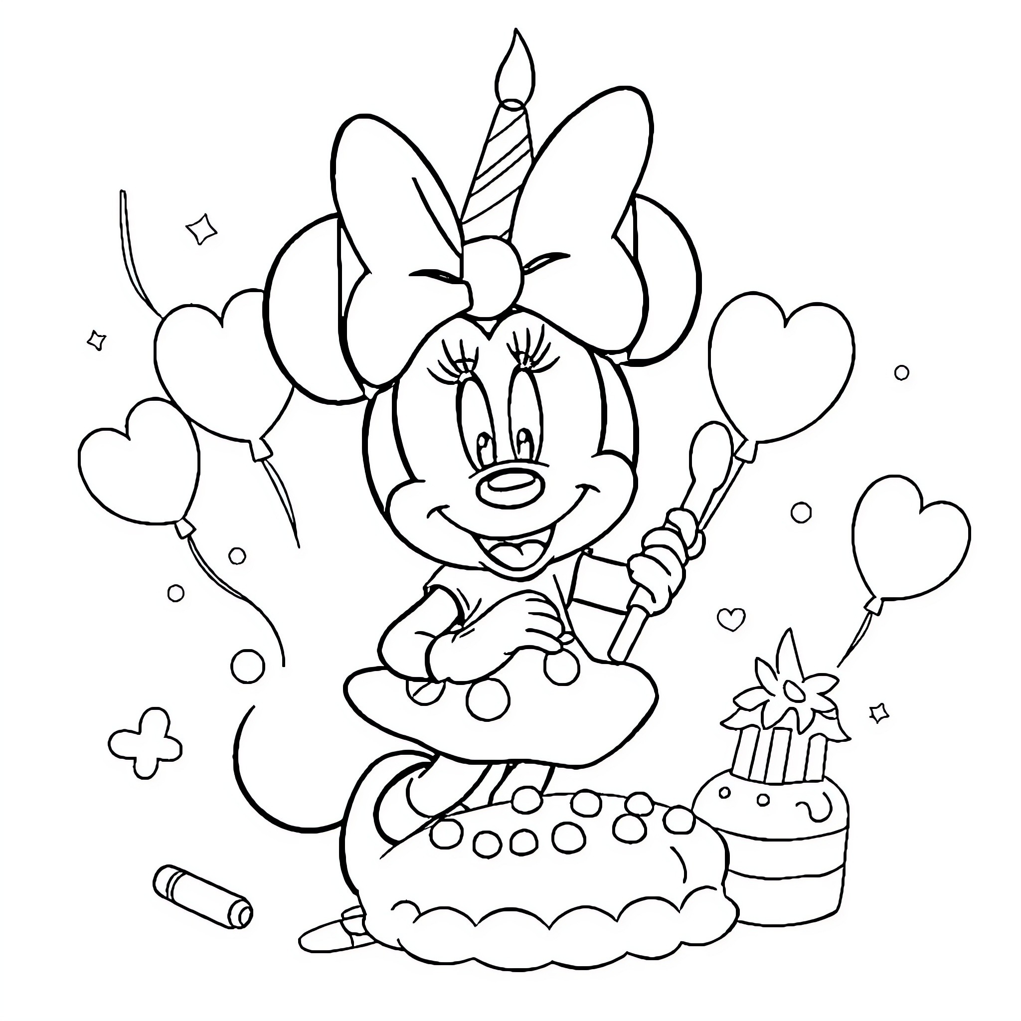 Minnie Mouse celebrating with balloons and cake Coloring Page (free black-and-white line drawing printable PDF for all, from beginners to advanced learners, including children, teens, adults, and seniors)