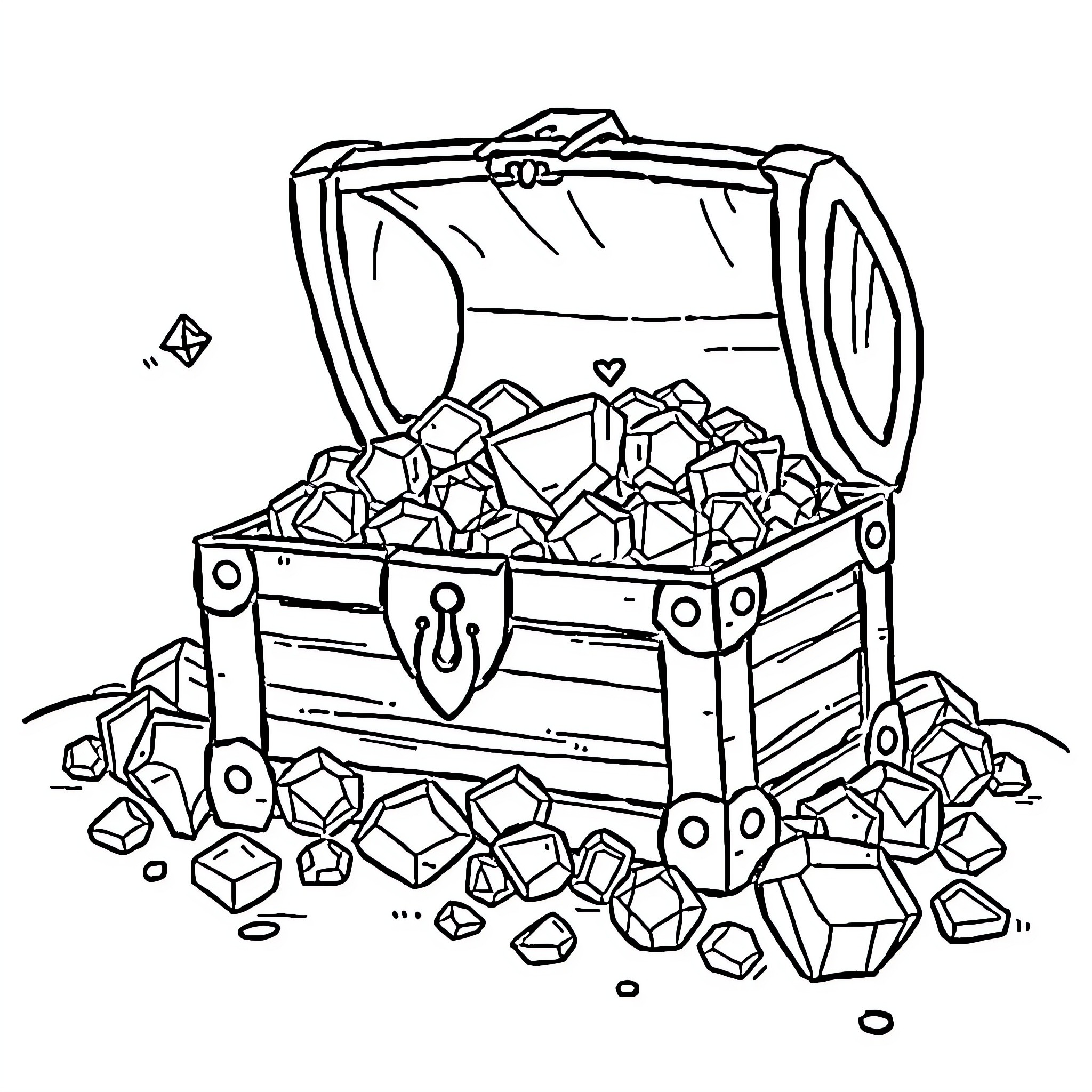 Treasure Chest Filled with Precious Gemstones Coloring Page (free black-and-white line drawing printable PDF for all, from beginners to advanced learners, including children, teens, adults, and seniors)