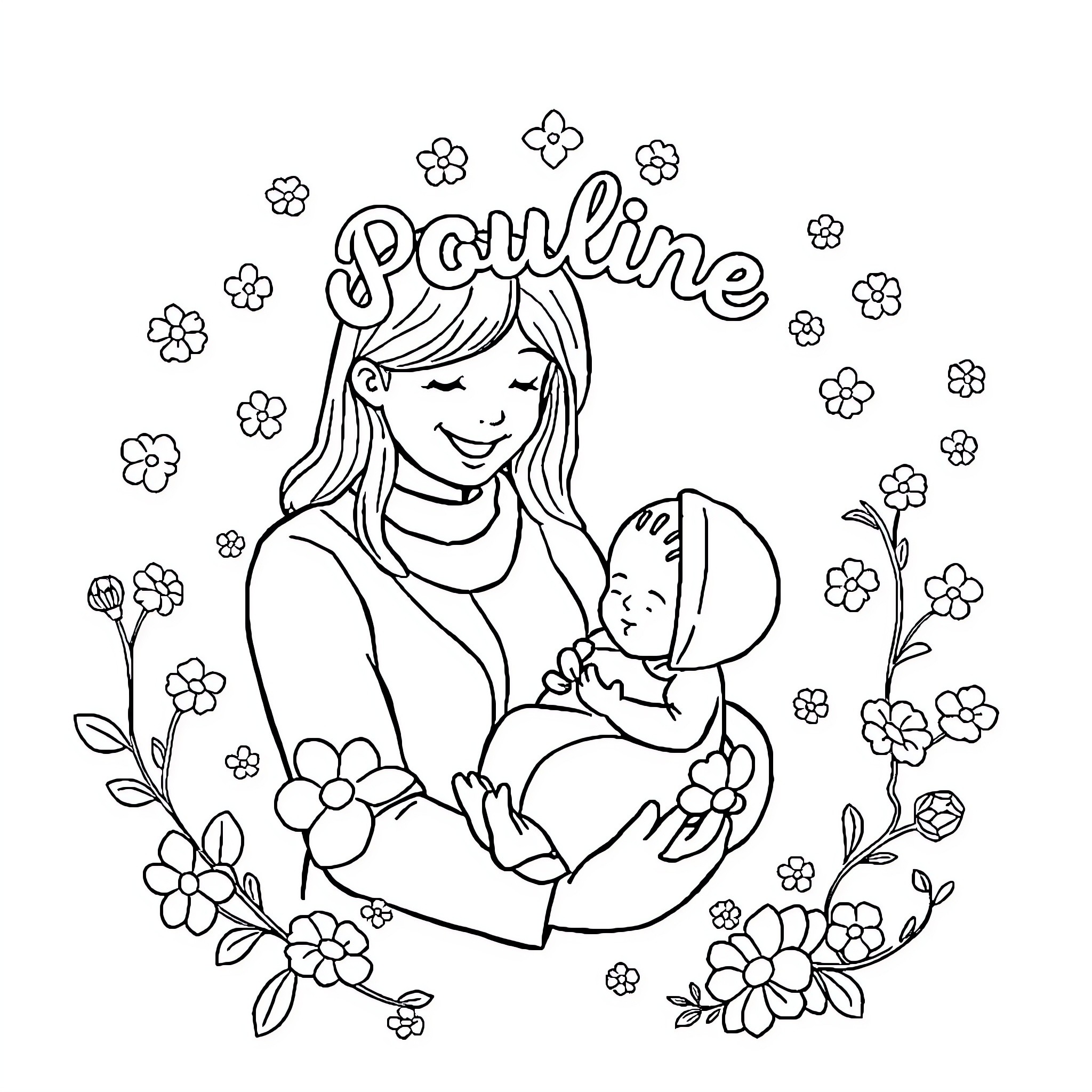 Fille holding baby in floral frame Coloring Page (free black-and-white line drawing printable PDF for all, from beginners to advanced learners, including children, teens, adults, and seniors)
