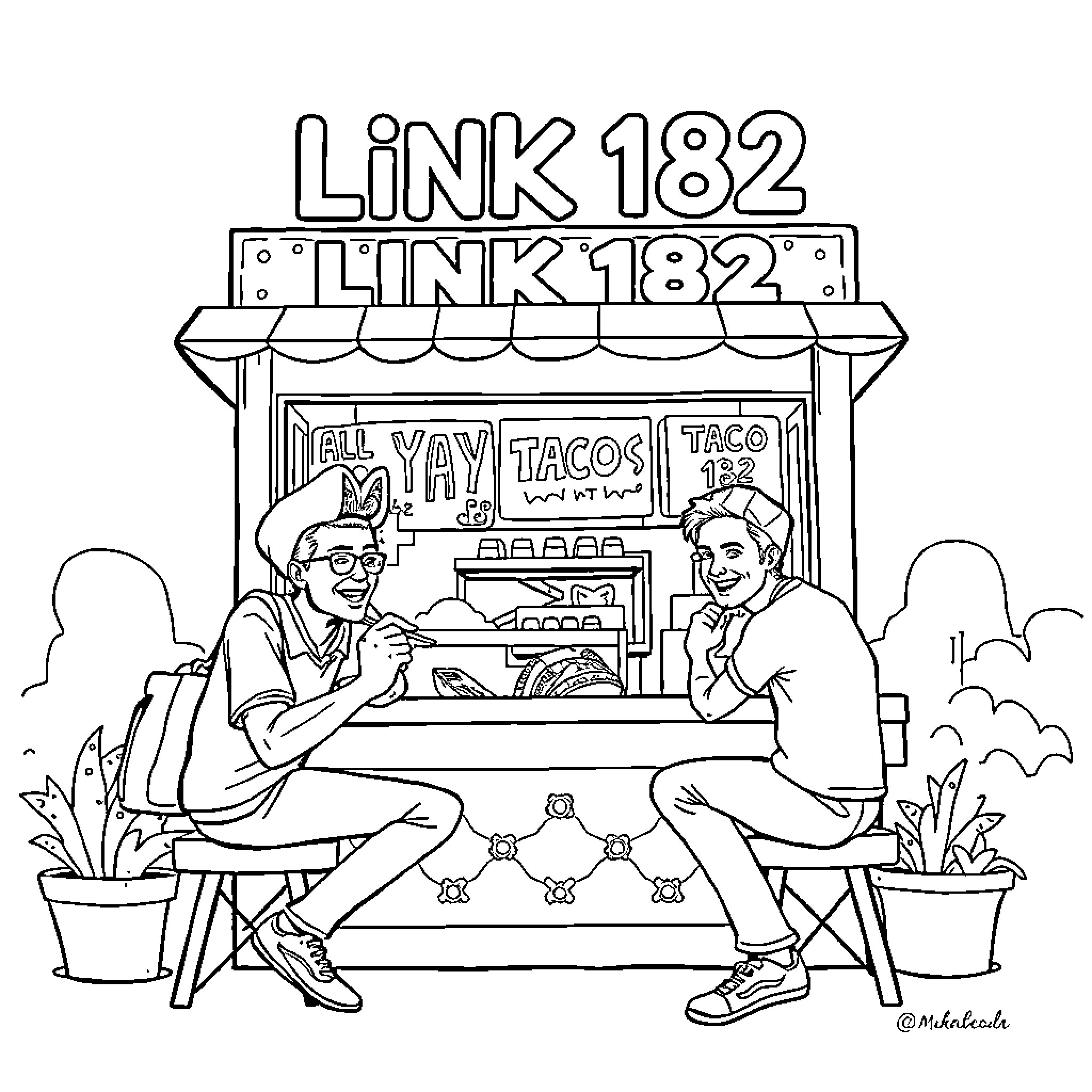 Blink 182 band members enjoying tacos at a food truck Coloring Page (free black-and-white line drawing printable PDF for all, from beginners to advanced learners, including children, teens, adults, and seniors)