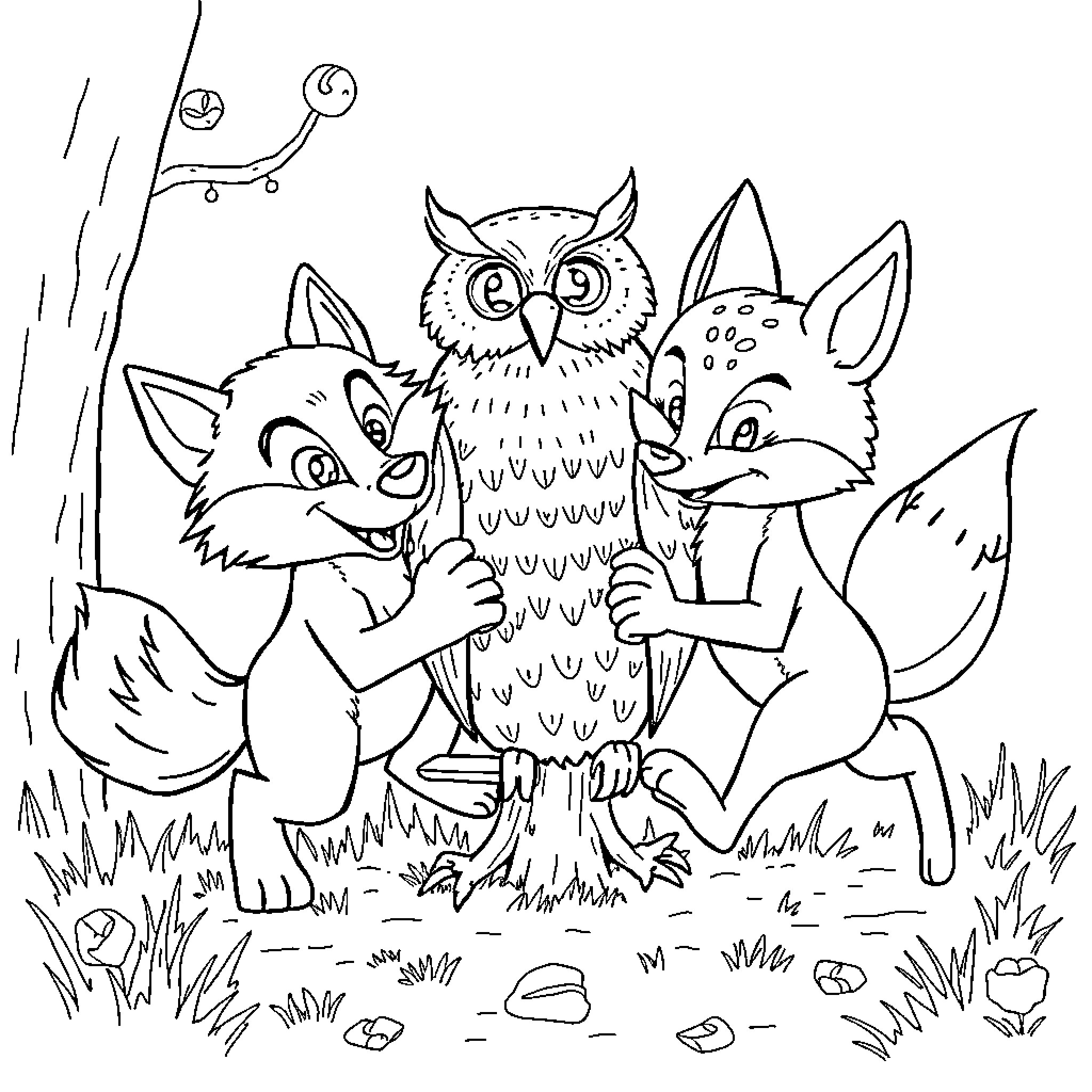 Wolf friends enjoying a playful gathering in the forest Coloring Page (free black-and-white line drawing printable PDF for all, from beginners to advanced learners, including children, teens, adults, and seniors)