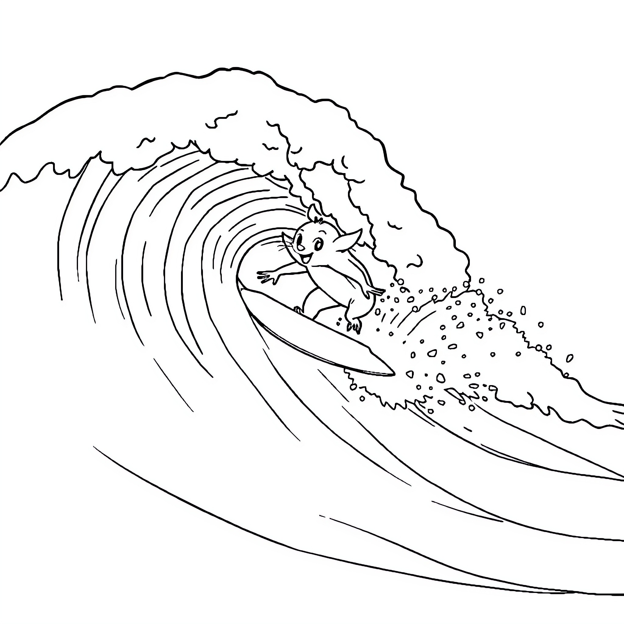 Mouse surfing on a giant wave Coloring Page (free black-and-white line drawing printable PDF for all, from beginners to advanced learners, including children, teens, adults, and seniors)