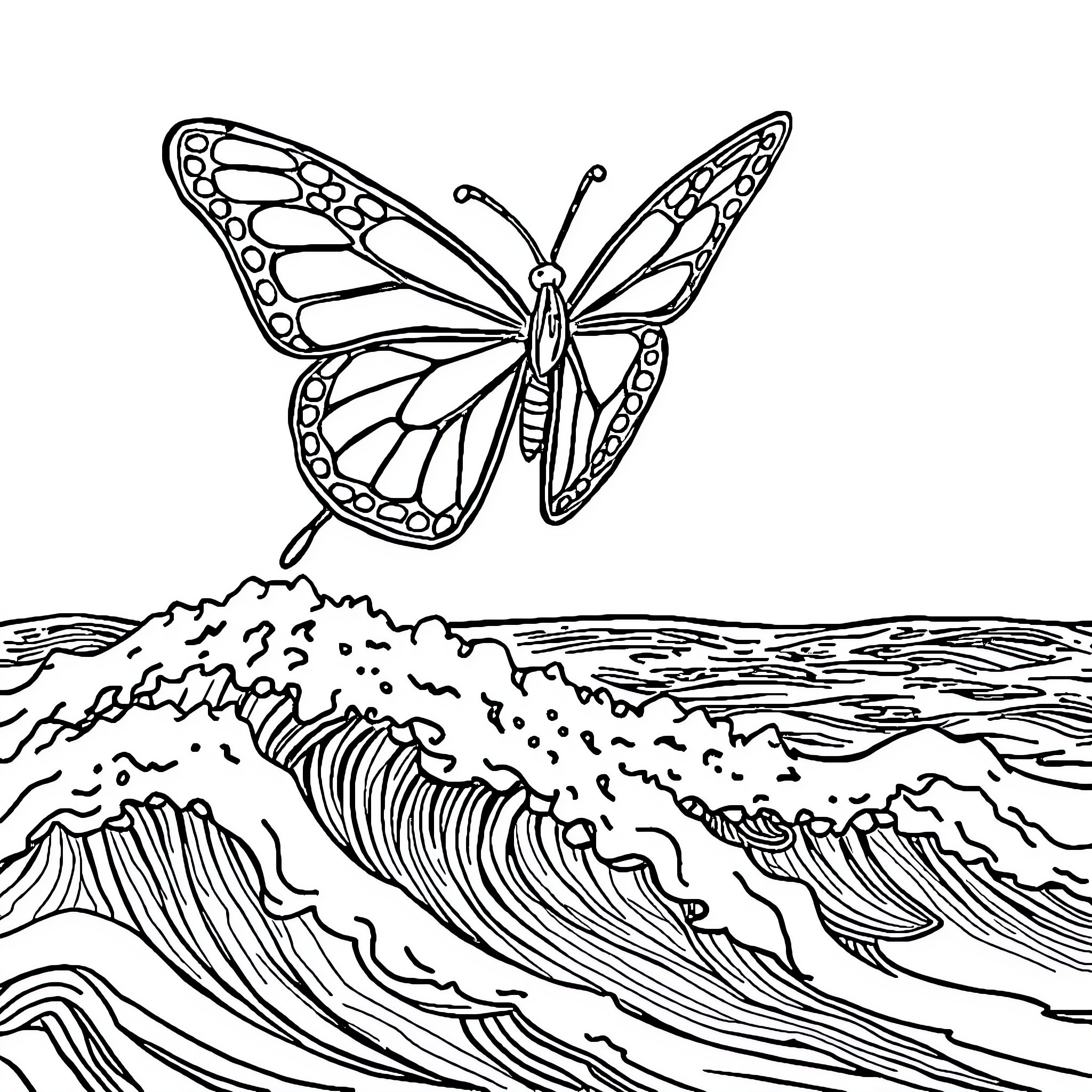 Butterfly soaring over crashing waves Coloring Page (free black-and-white line drawing printable PDF for all, from beginners to advanced learners, including children, teens, adults, and seniors)