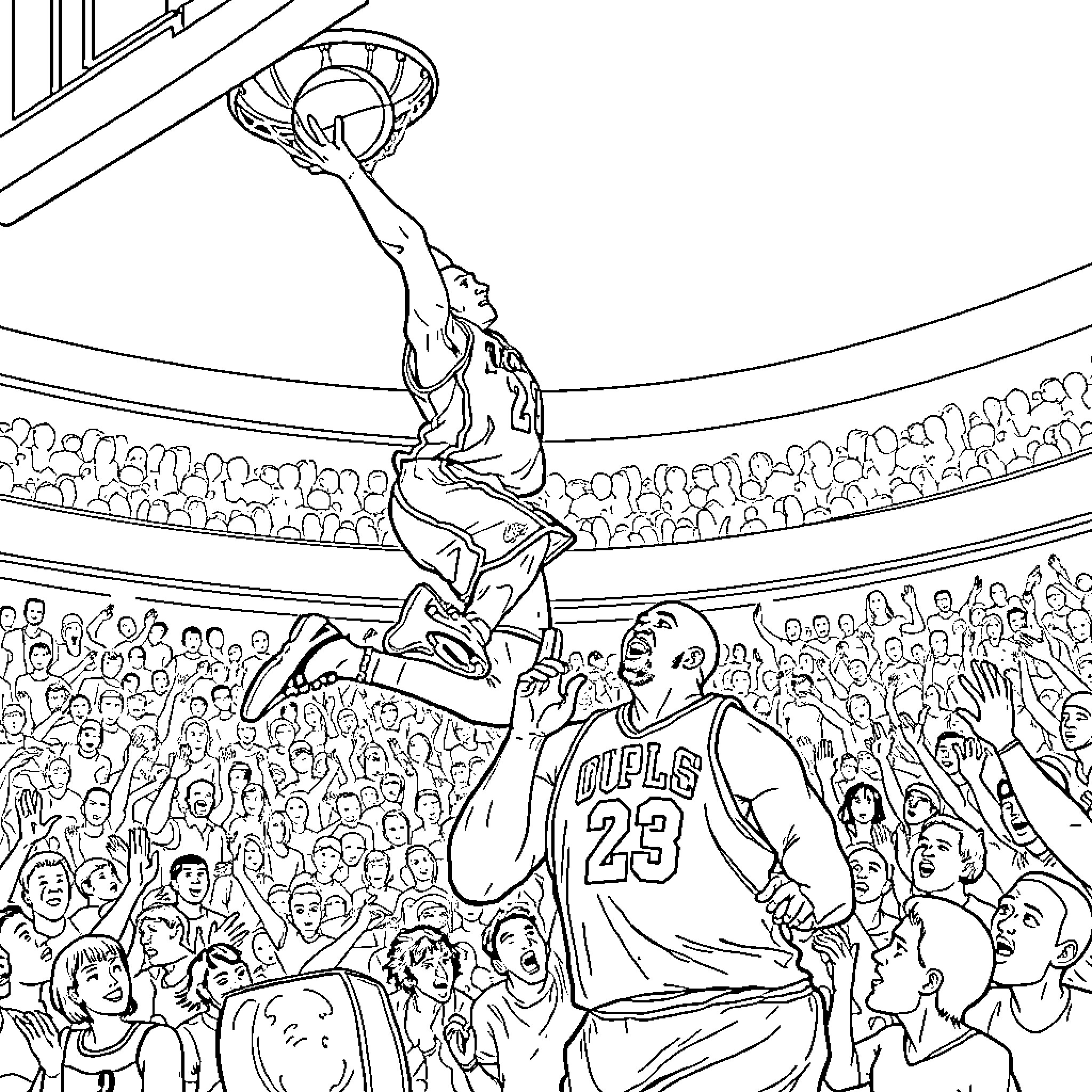 Kobe performs a slam dunk in a basketball arena Coloring Page (free black-and-white line drawing printable PDF for all, from beginners to advanced learners, including children, teens, adults, and seniors)