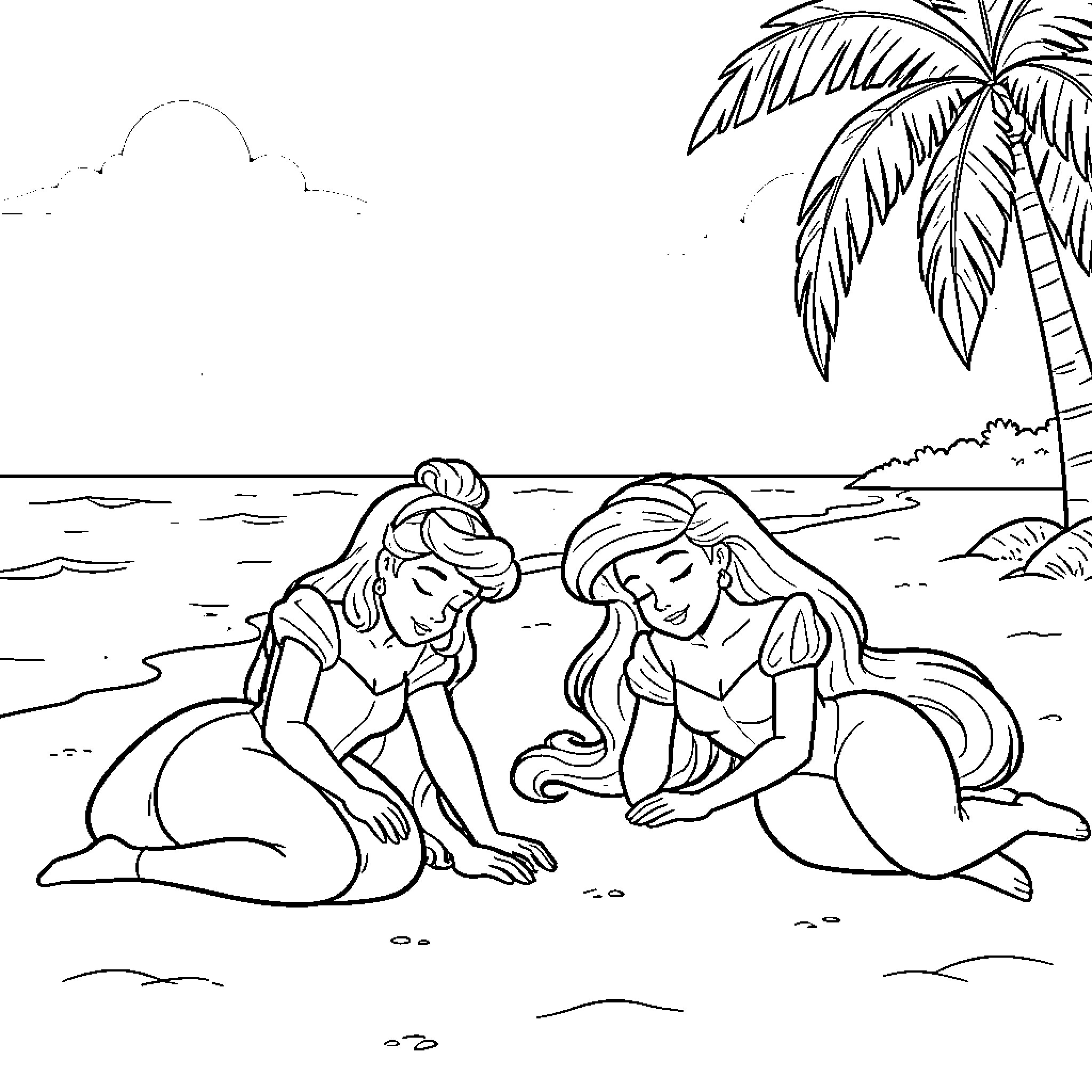 Cinderella and friend enjoying a day at the beach Coloring Page (free black-and-white line drawing printable PDF for all, from beginners to advanced learners, including children, teens, adults, and seniors)