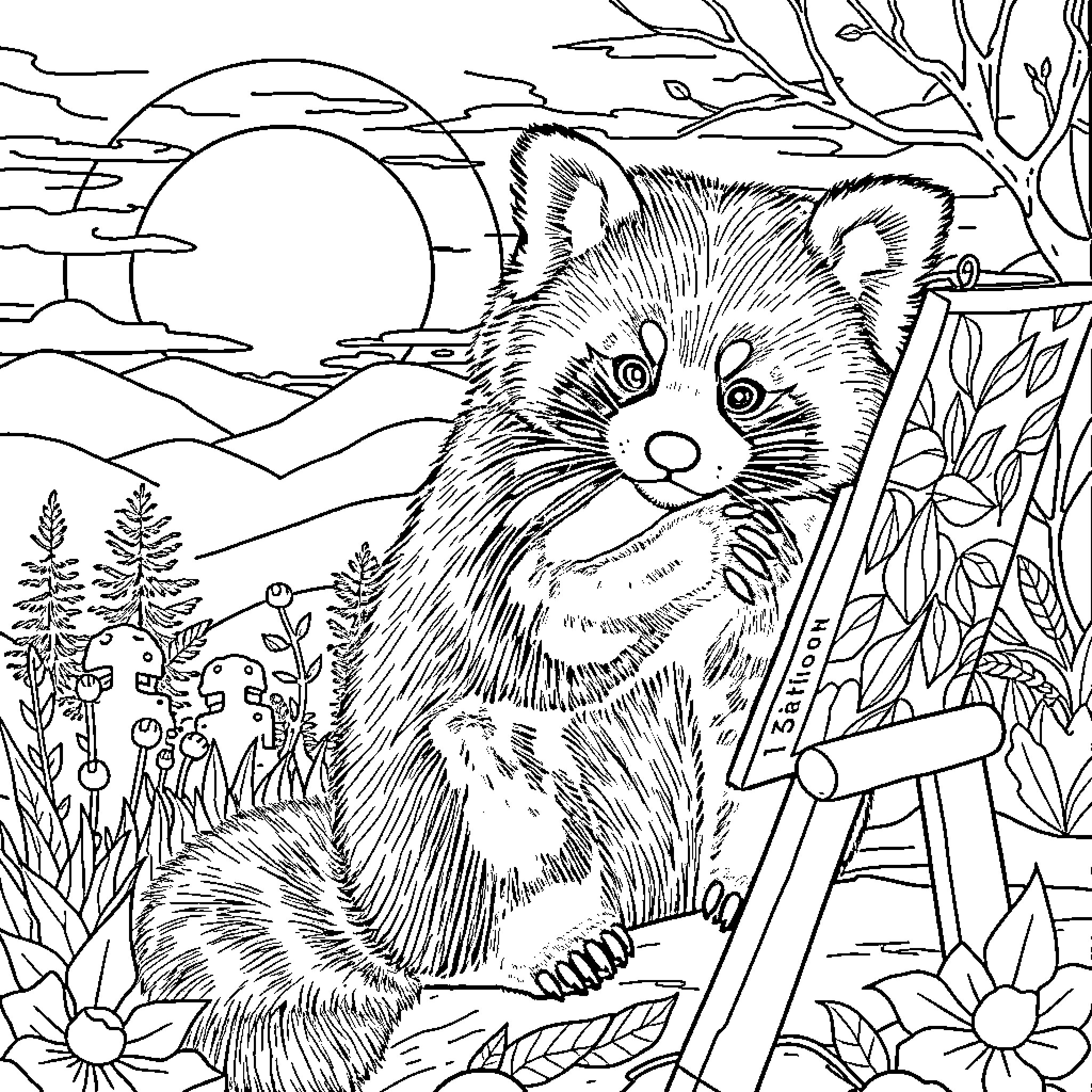 Red Panda painting a nature scene Coloring Page (free black-and-white line drawing printable PDF for all, from beginners to advanced learners, including children, teens, adults, and seniors)