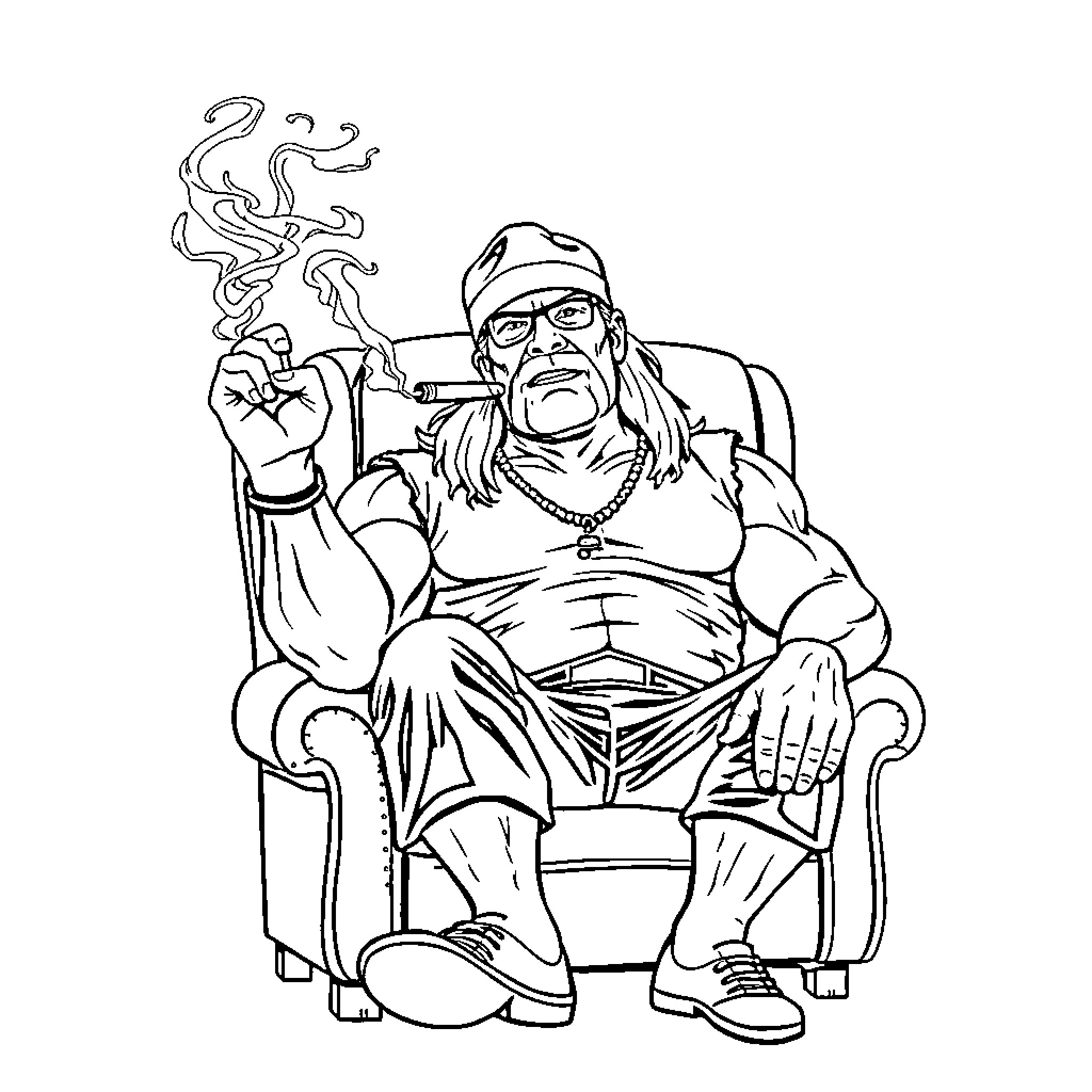 Hulk Hogan relaxing in an armchair while smoking a cigar Coloring Page (free black-and-white line drawing printable PDF for all, from beginners to advanced learners, including children, teens, adults, and seniors)