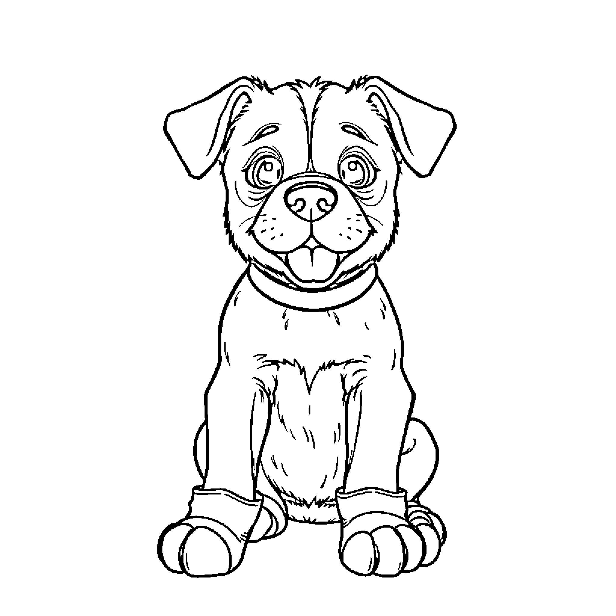 Dog sitting and smiling happily Coloring Page (free black-and-white line drawing printable PDF for all, from beginners to advanced learners, including children, teens, adults, and seniors)