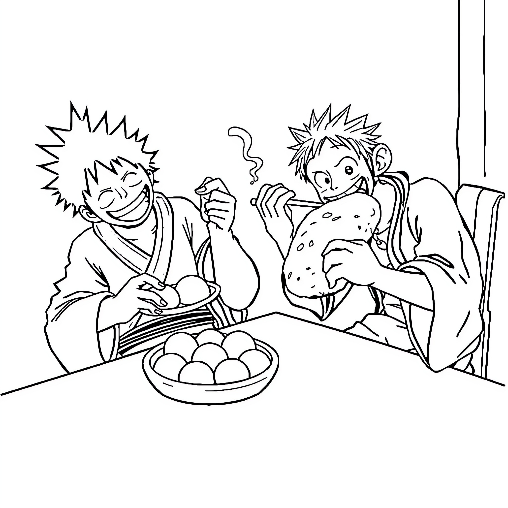 Tanjiro enjoying a hearty meal with friends Coloring Page (free black-and-white line drawing printable PDF for all, from beginners to advanced learners, including children, teens, adults, and seniors)