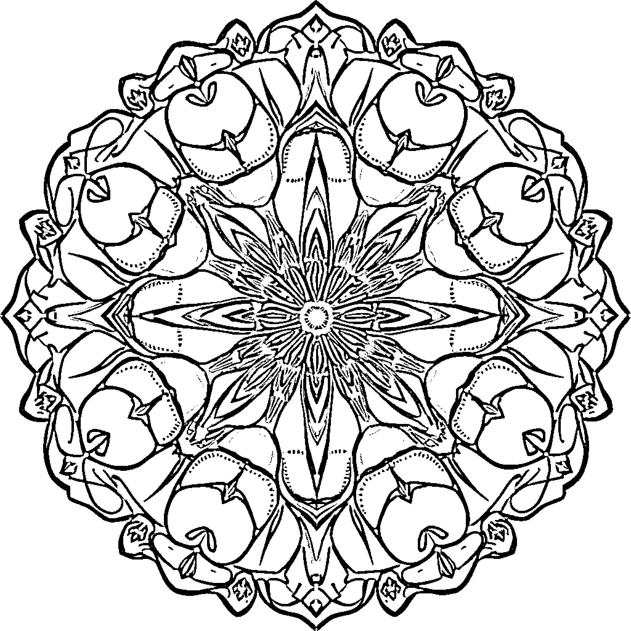 Apple Mandala Pattern with Symmetrical Design Coloring Page (free black-and-white line drawing printable PDF for all, from beginners to advanced learners, including children, teens, adults, and seniors)