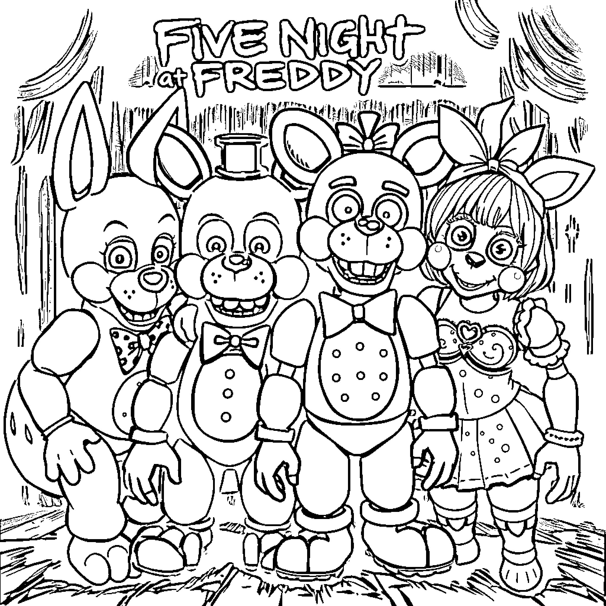 Animatronic Five Nights at Freddy's characters in spooky scene Coloring Page (free black-and-white line drawing printable PDF for all, from beginners to advanced learners, including children, teens, adults, and seniors)