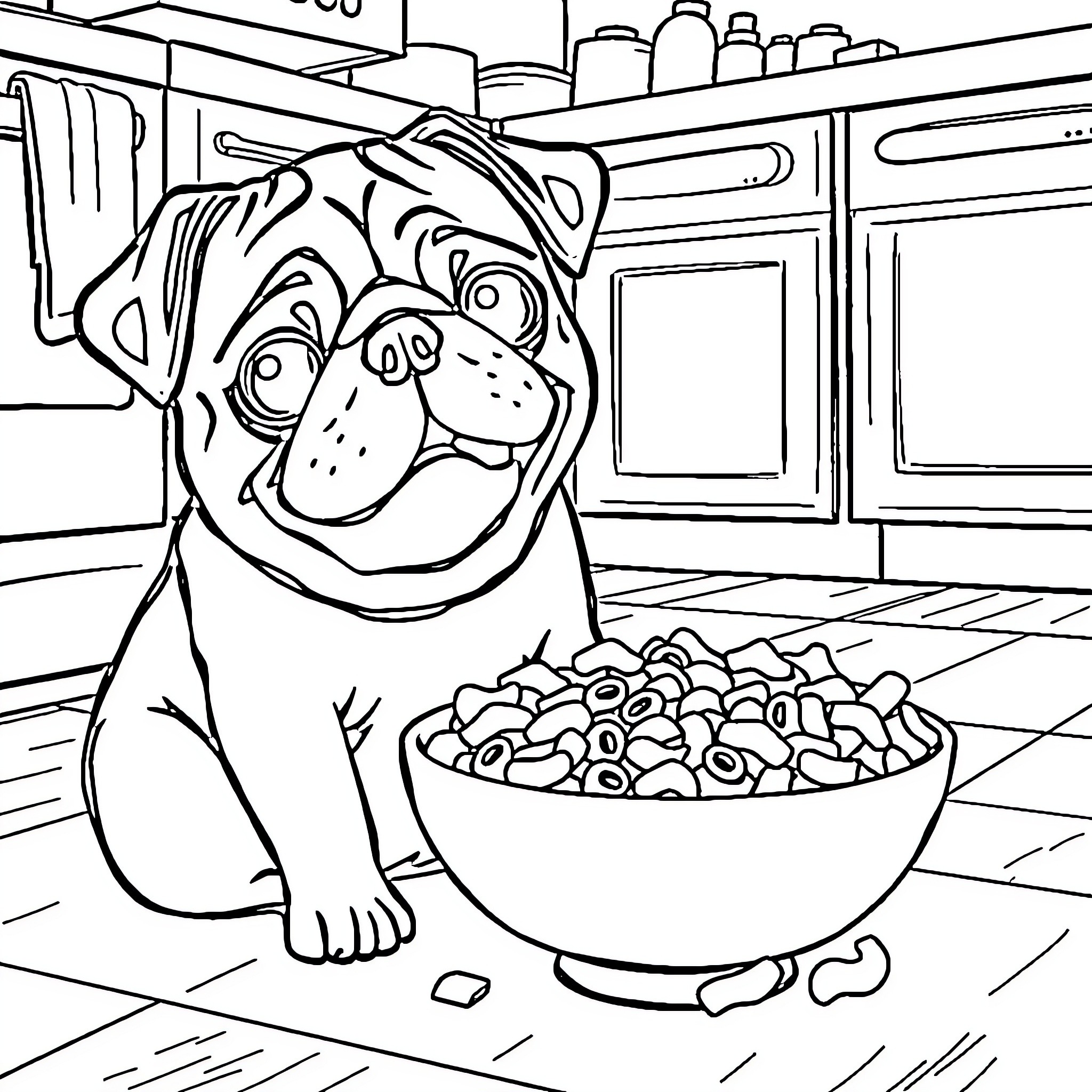 Pug enjoying a snack in the kitchen Coloring Page (free black-and-white line drawing printable PDF for all, from beginners to advanced learners, including children, teens, adults, and seniors)