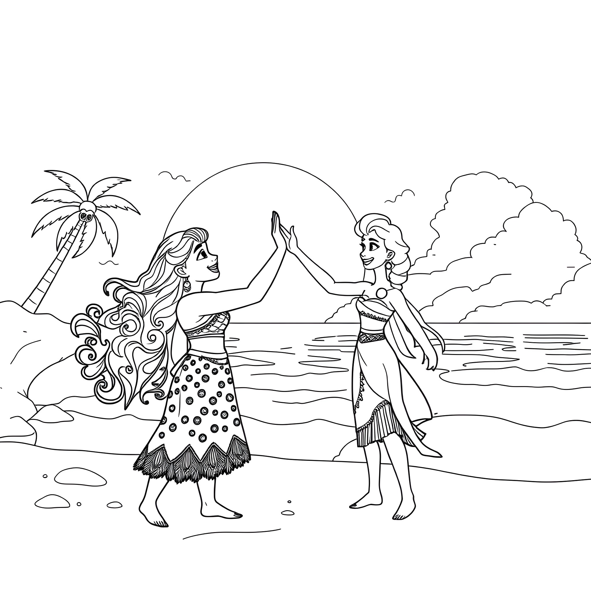 Moana and Maui enjoying a tropical beach adventure Coloring Page (free black-and-white line drawing printable PDF for all, from beginners to advanced learners, including children, teens, adults, and seniors)