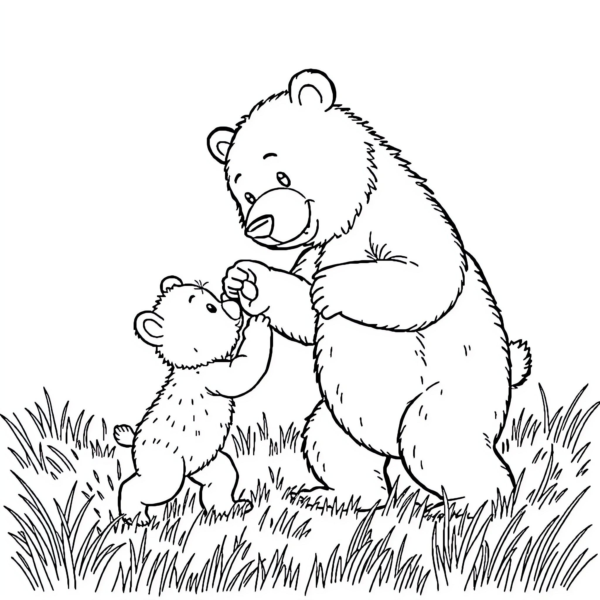 Bear caring for its cub in the meadow Coloring Page (free black-and-white line drawing printable PDF for all, from beginners to advanced learners, including children, teens, adults, and seniors)