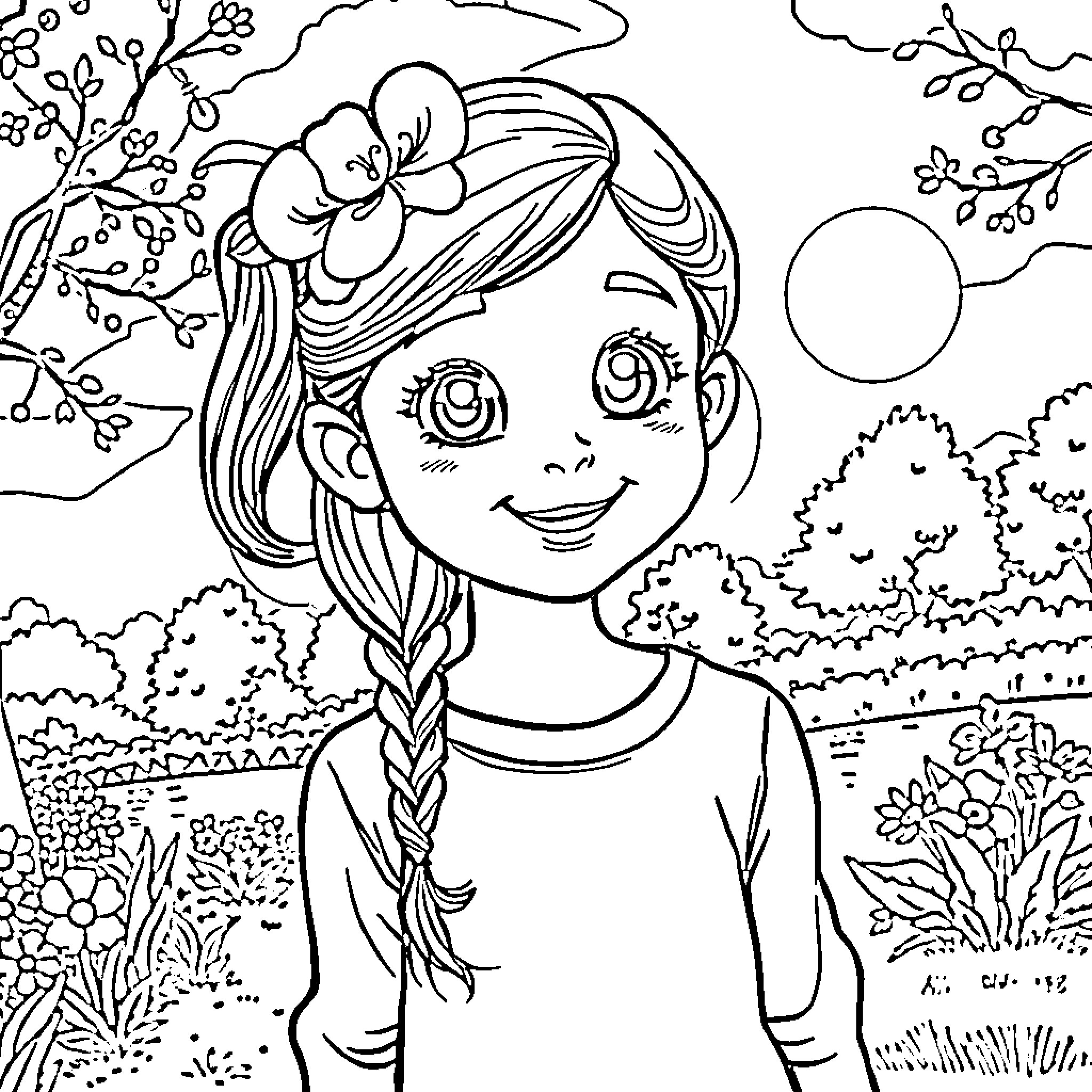 Aleyza's Joyful Garden Adventure Coloring Page (free black-and-white line drawing printable PDF for all, from beginners to advanced learners, including children, teens, adults, and seniors)