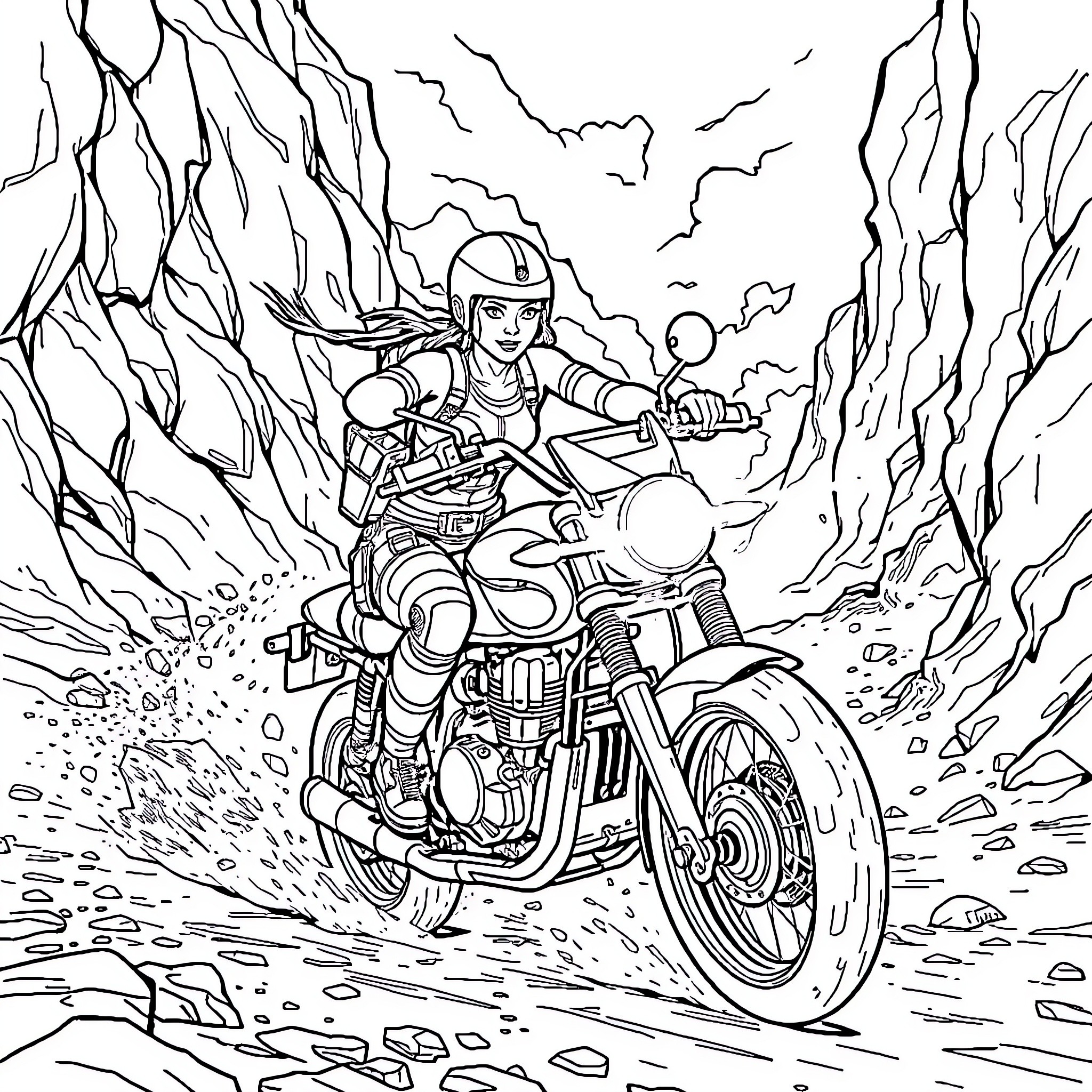 Tomb Raider adventuring through dangerous terrain on a motorcycle Coloring Page (free black-and-white line drawing printable PDF for all, from beginners to advanced learners, including children, teens, adults, and seniors)