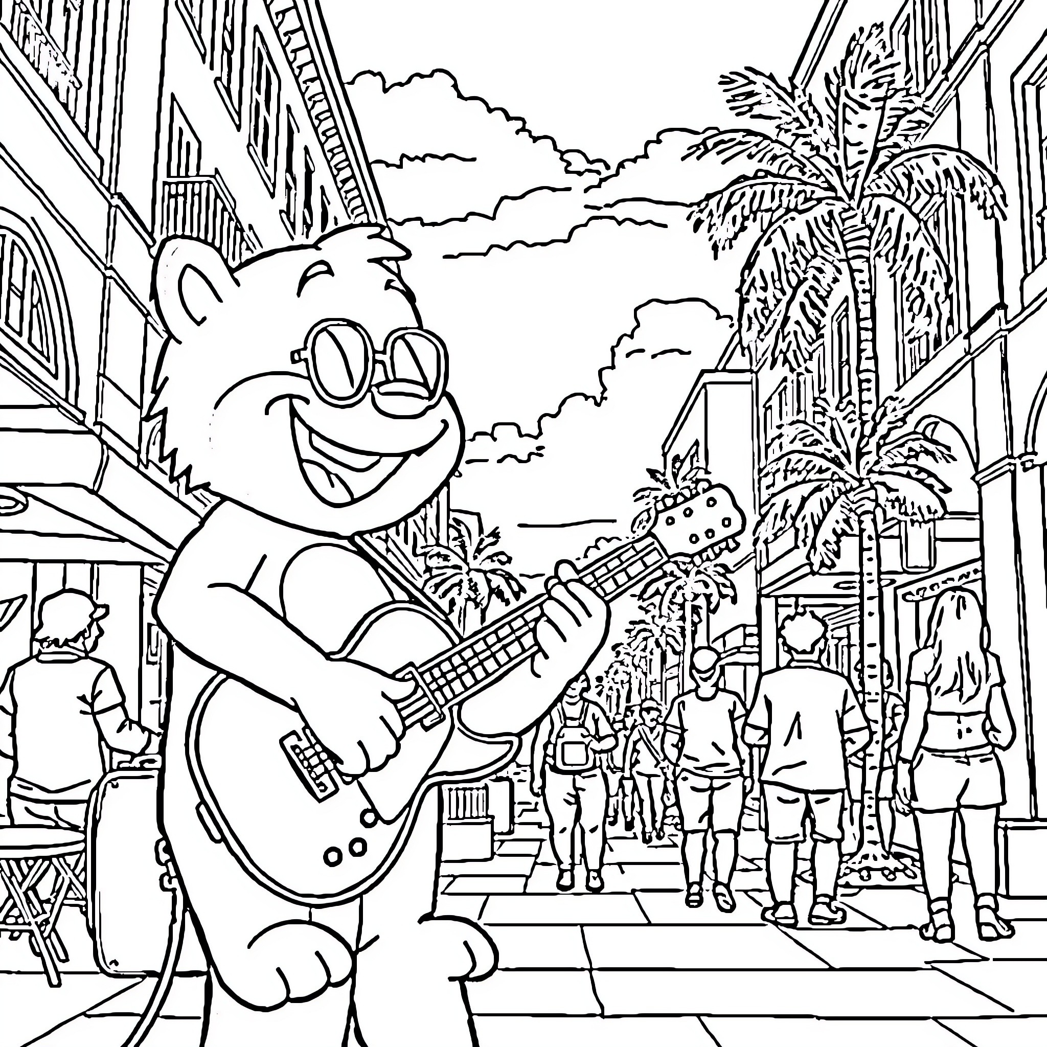 Bluey playing guitar in a lively city street Coloring Page (free black-and-white line drawing printable PDF for all, from beginners to advanced learners, including children, teens, adults, and seniors)