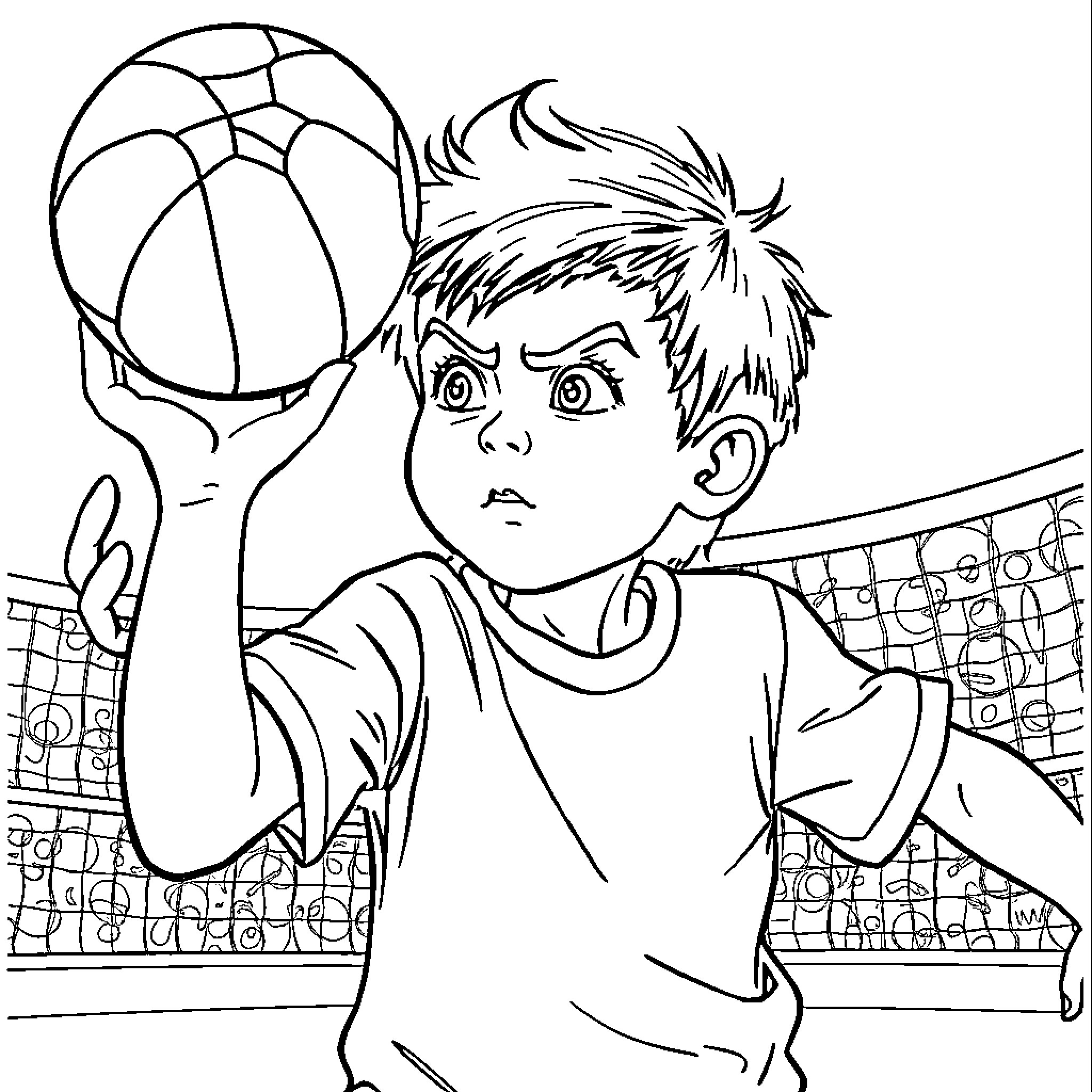 Oliver playing basketball with determination Coloring Page (free black-and-white line drawing printable PDF for all, from beginners to advanced learners, including children, teens, adults, and seniors)
