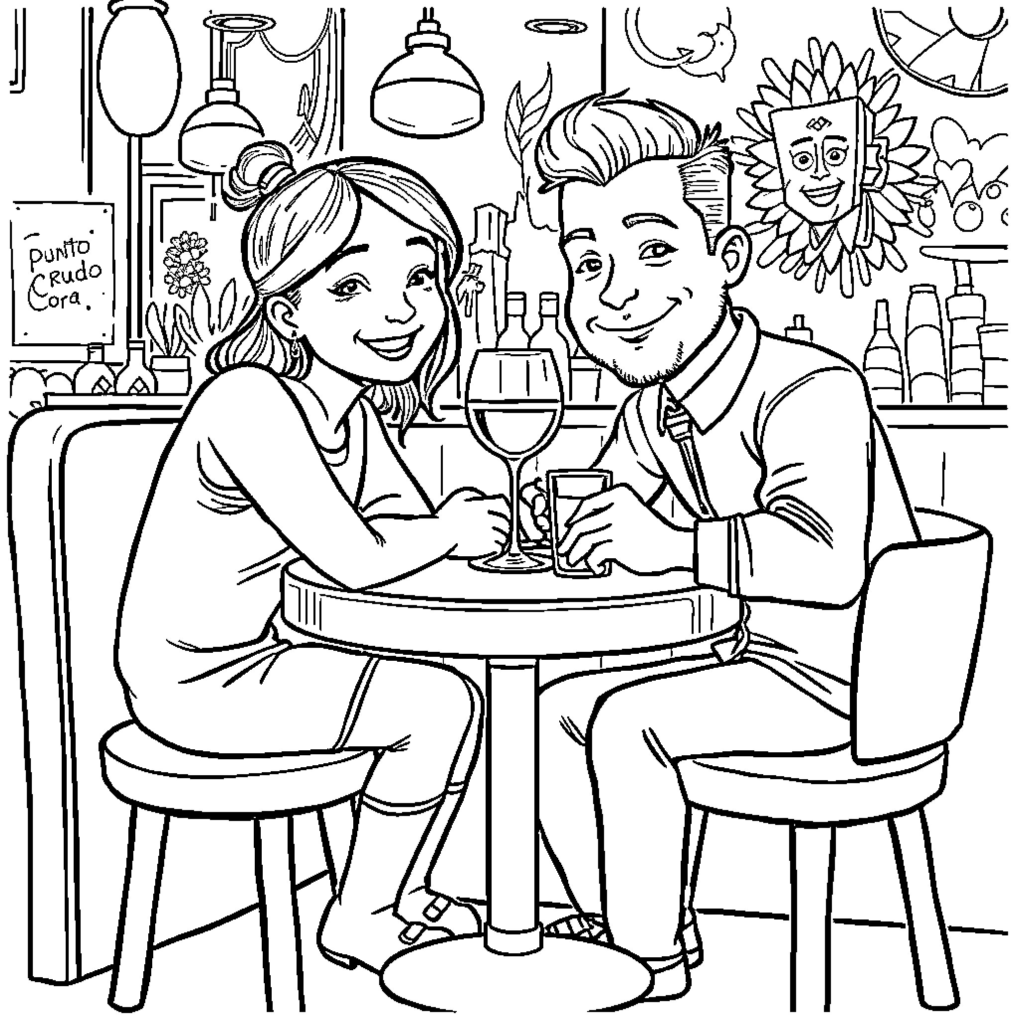 Alfred and companion enjoying wine at a restaurant Coloring Page (free black-and-white line drawing printable PDF for all, from beginners to advanced learners, including children, teens, adults, and seniors)