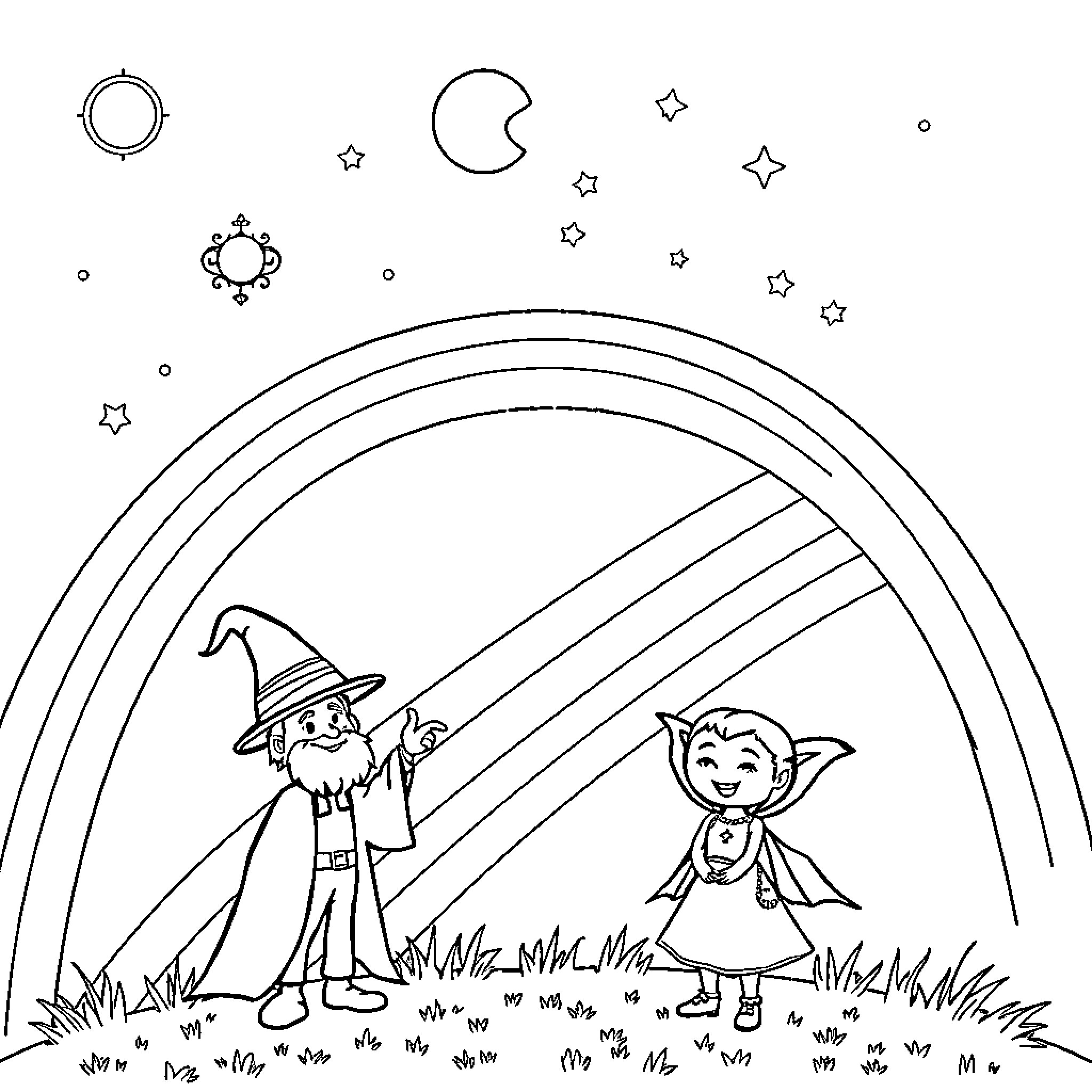 Rainbow Whimsical Fantasy Characters in Nature Coloring Page (free black-and-white line drawing printable PDF for all, from beginners to advanced learners, including children, teens, adults, and seniors)