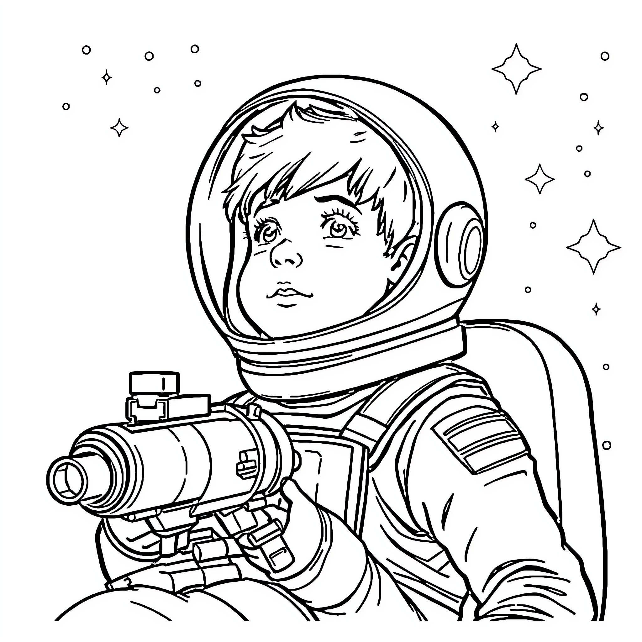 Boy in Astronaut Suit Exploring the Stars Coloring Page (free black-and-white line drawing printable PDF for all, from beginners to advanced learners, including children, teens, adults, and seniors)