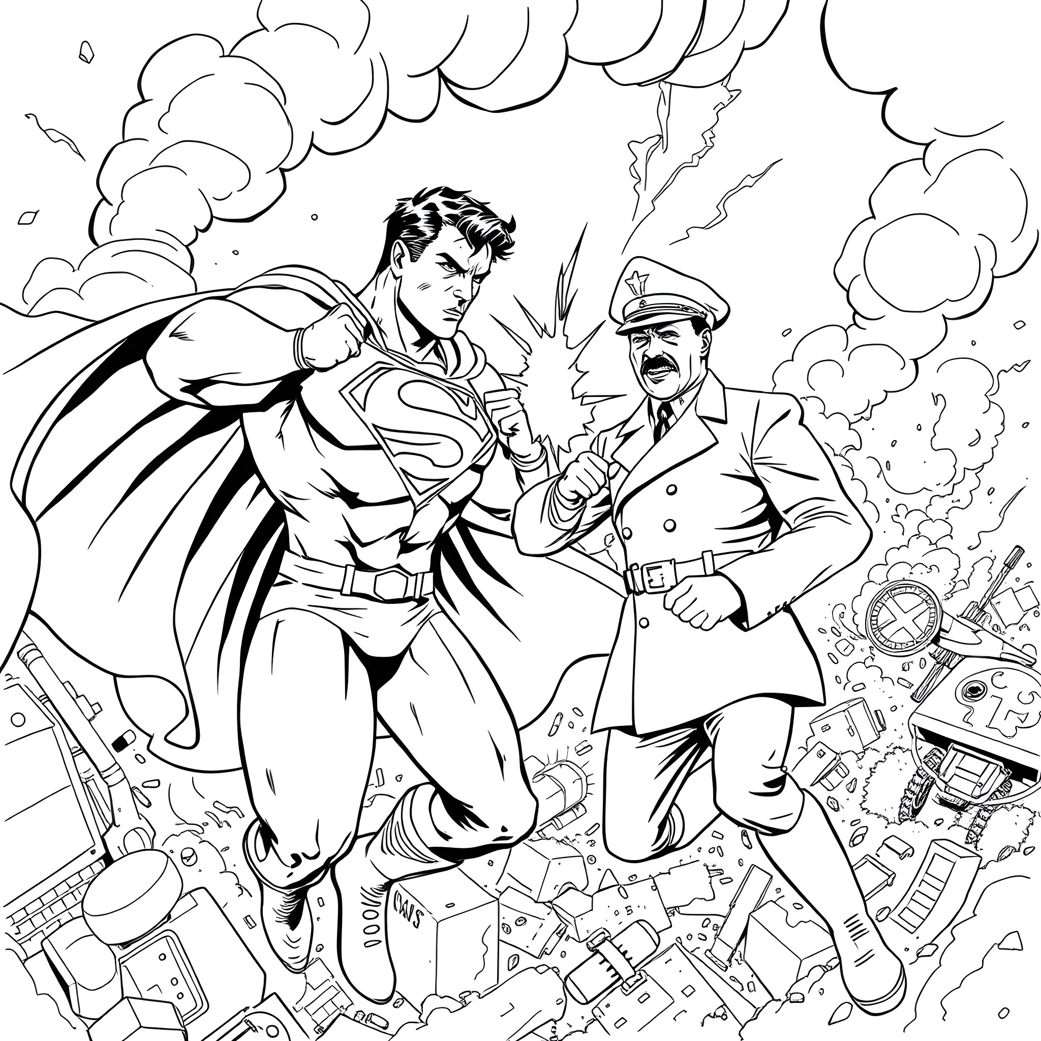 Superman battling against a military dictator in chaos Coloring Page (free black-and-white line drawing printable PDF for all, from beginners to advanced learners, including children, teens, adults, and seniors)