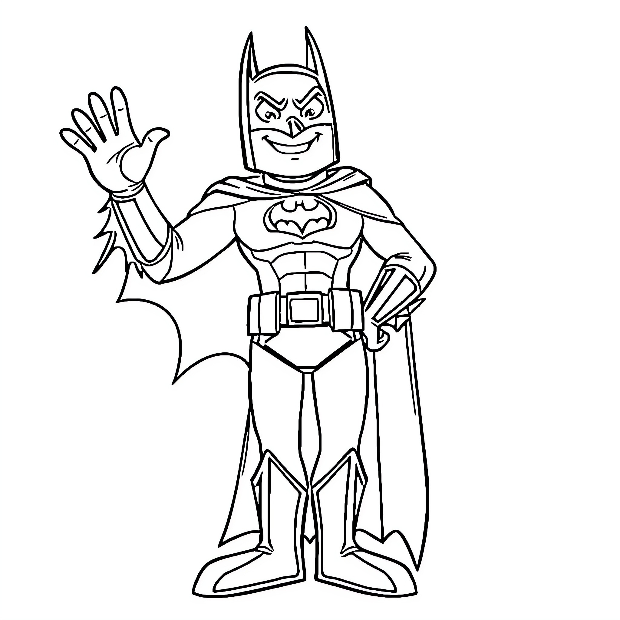 Batman waving in action-ready outfit Coloring Page (free black-and-white line drawing printable PDF for all, from beginners to advanced learners, including children, teens, adults, and seniors)