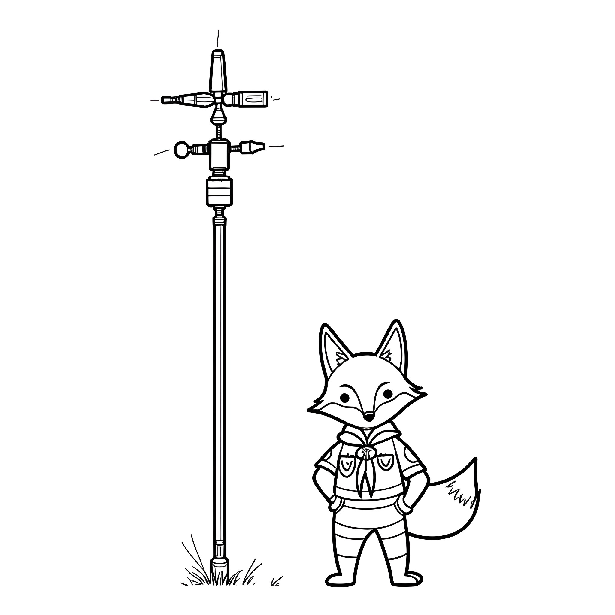 Fox warrior with weapon in the field Coloring Page (free black-and-white line drawing printable PDF for all, from beginners to advanced learners, including children, teens, adults, and seniors)