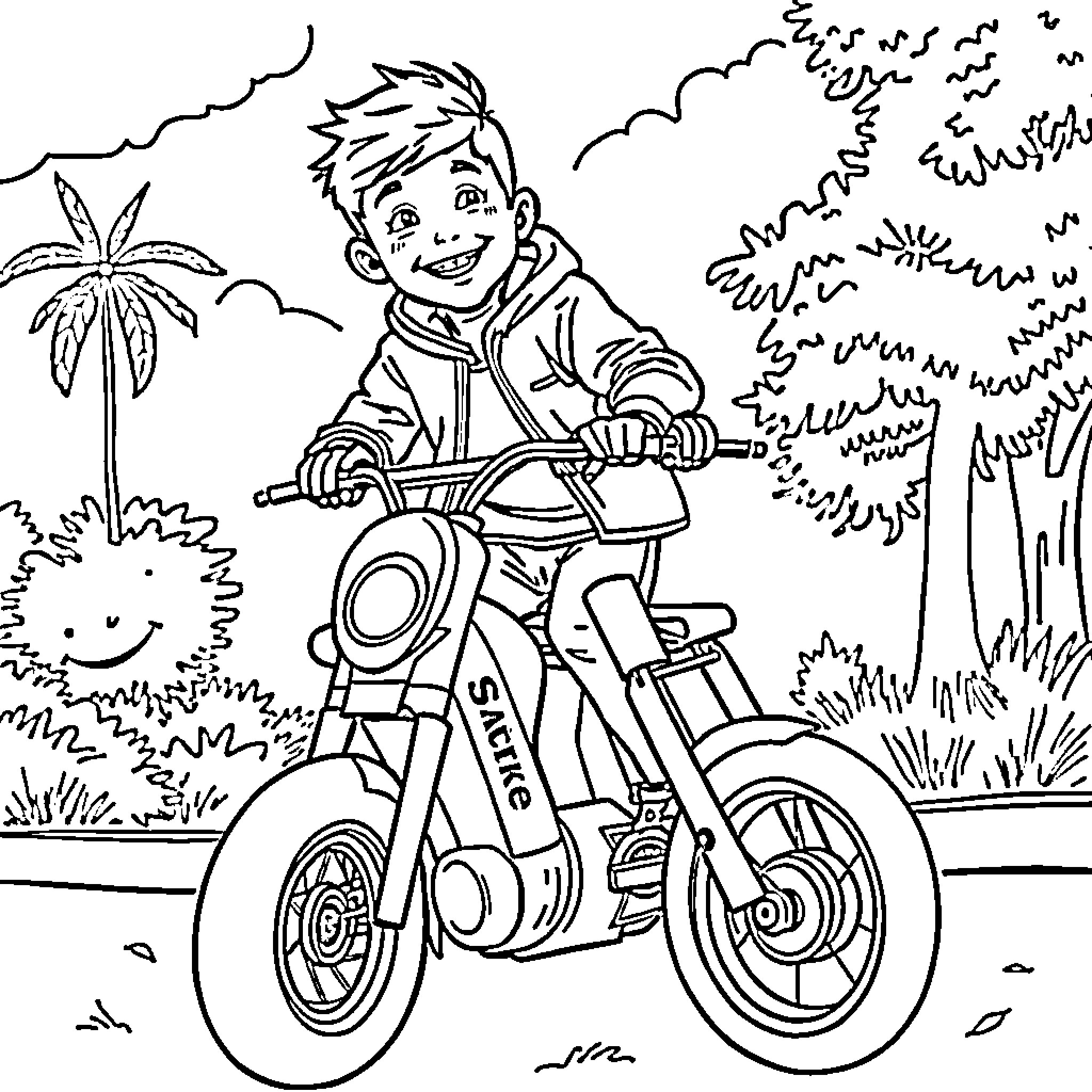 Boy riding motorcycle through tropical landscape Coloring Page (free black-and-white line drawing printable PDF for all, from beginners to advanced learners, including children, teens, adults, and seniors)