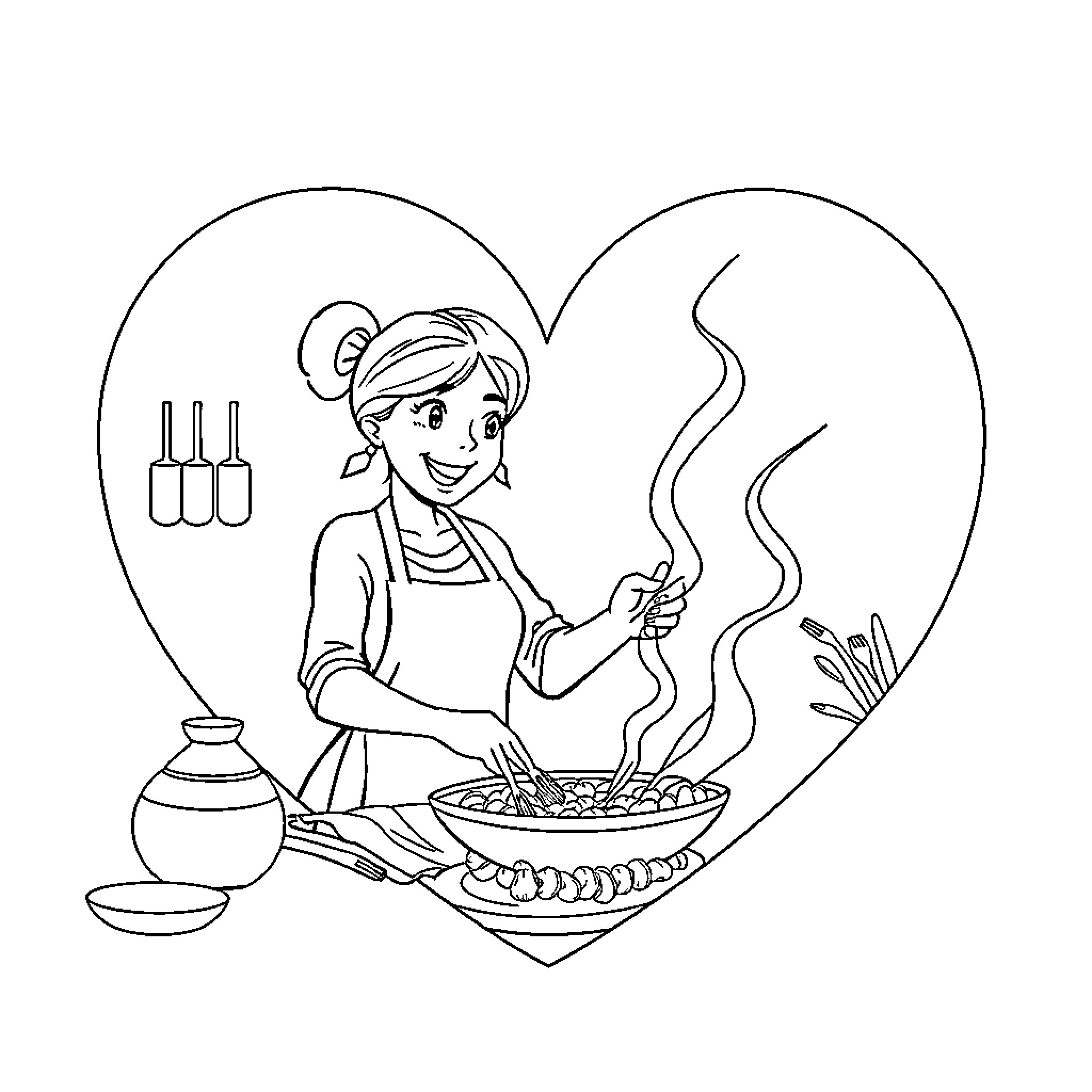 Heart of Home Cooking Coloring Page (free black-and-white line drawing printable PDF for all, from beginners to advanced learners, including children, teens, adults, and seniors)