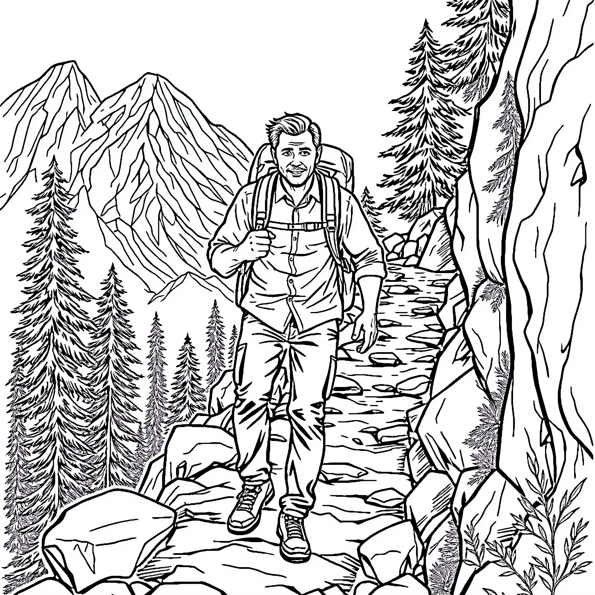 Business Coach Hiking Through Mountain Landscape Coloring Page (free black-and-white line drawing printable PDF for all, from beginners to advanced learners, including children, teens, adults, and seniors)